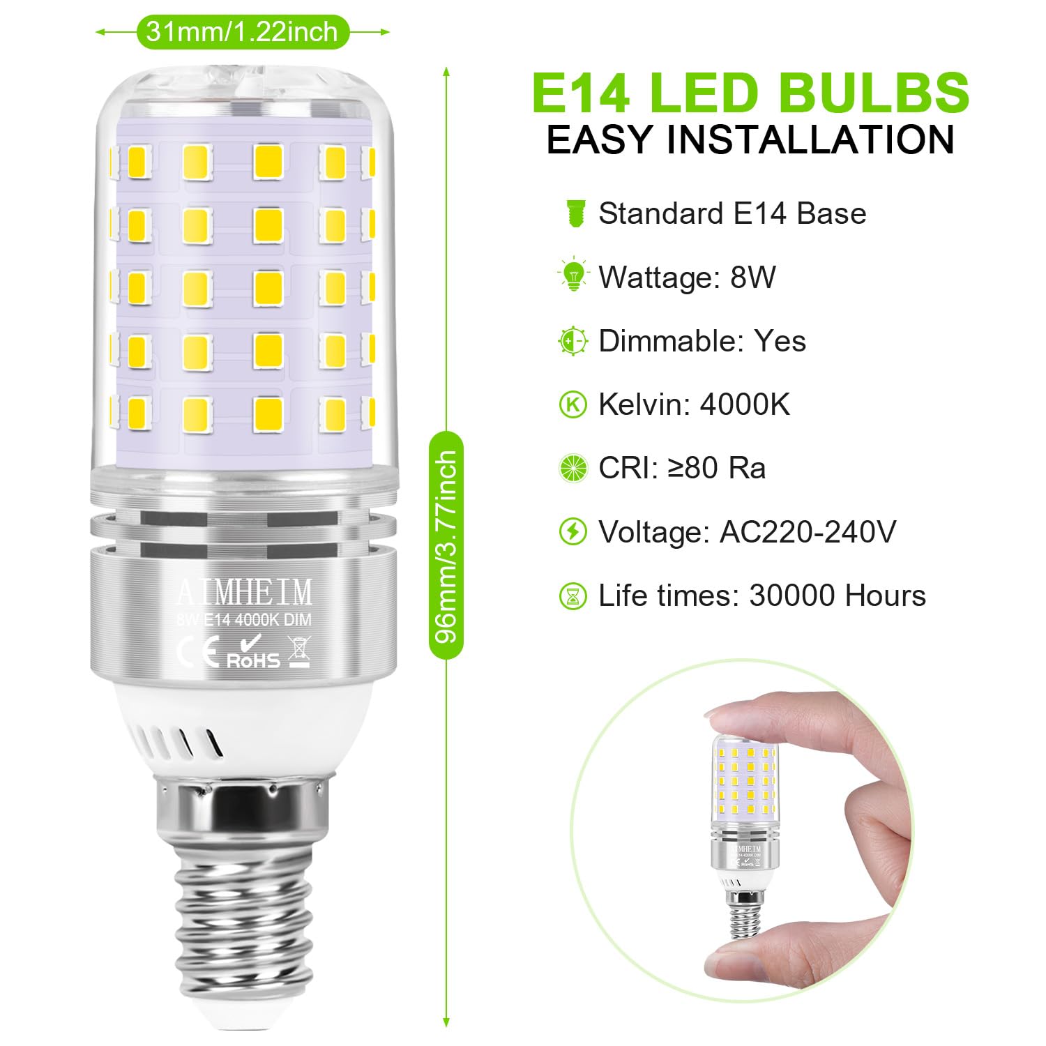 AIMHEM 4 Pezzi Lampadina LED E14 Dimmerabile, Luce Naturale 4000K, 8W Lampada E14 LED Equivalente 80W Lampada Alogena, Nessun Sfarfallio Risparmio Energetico Lampadine Attacco Piccolo E14