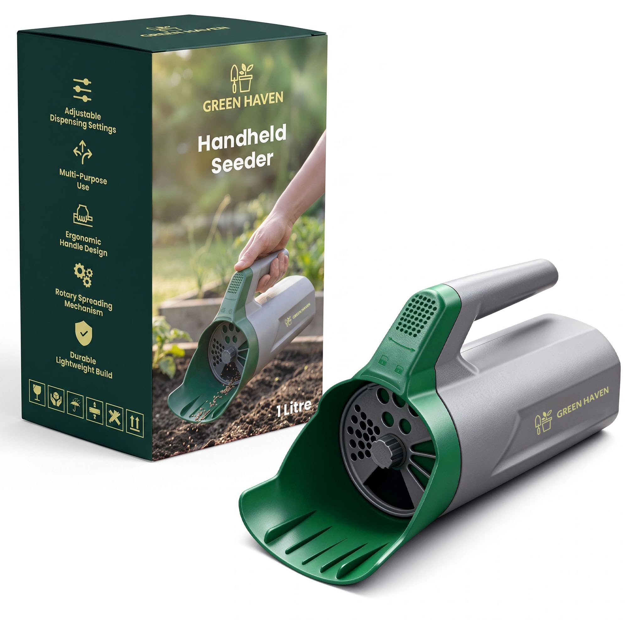 Green Haven Seed Spreader Handheld | Lawn Grass Feed | 1L
