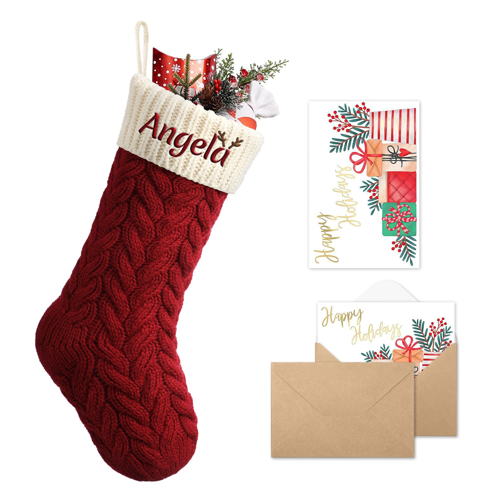 bolukets Personalised Christmas Stockings with Christmas Cards, 18" Large Knit Christmas Stocking Custom Embroidered Name Monogram for Family Red White