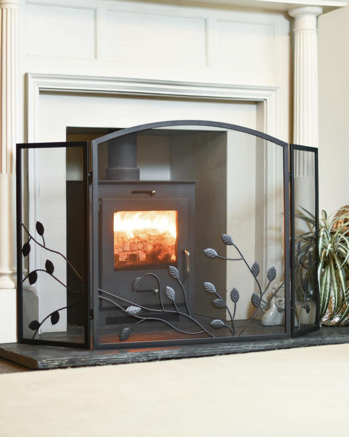 Black "Overgrowth" Three Fold Fireguard Fire Screen – Classic Style Mesh Guard for Log Burners & Open Fires – Spark & Debris Protection