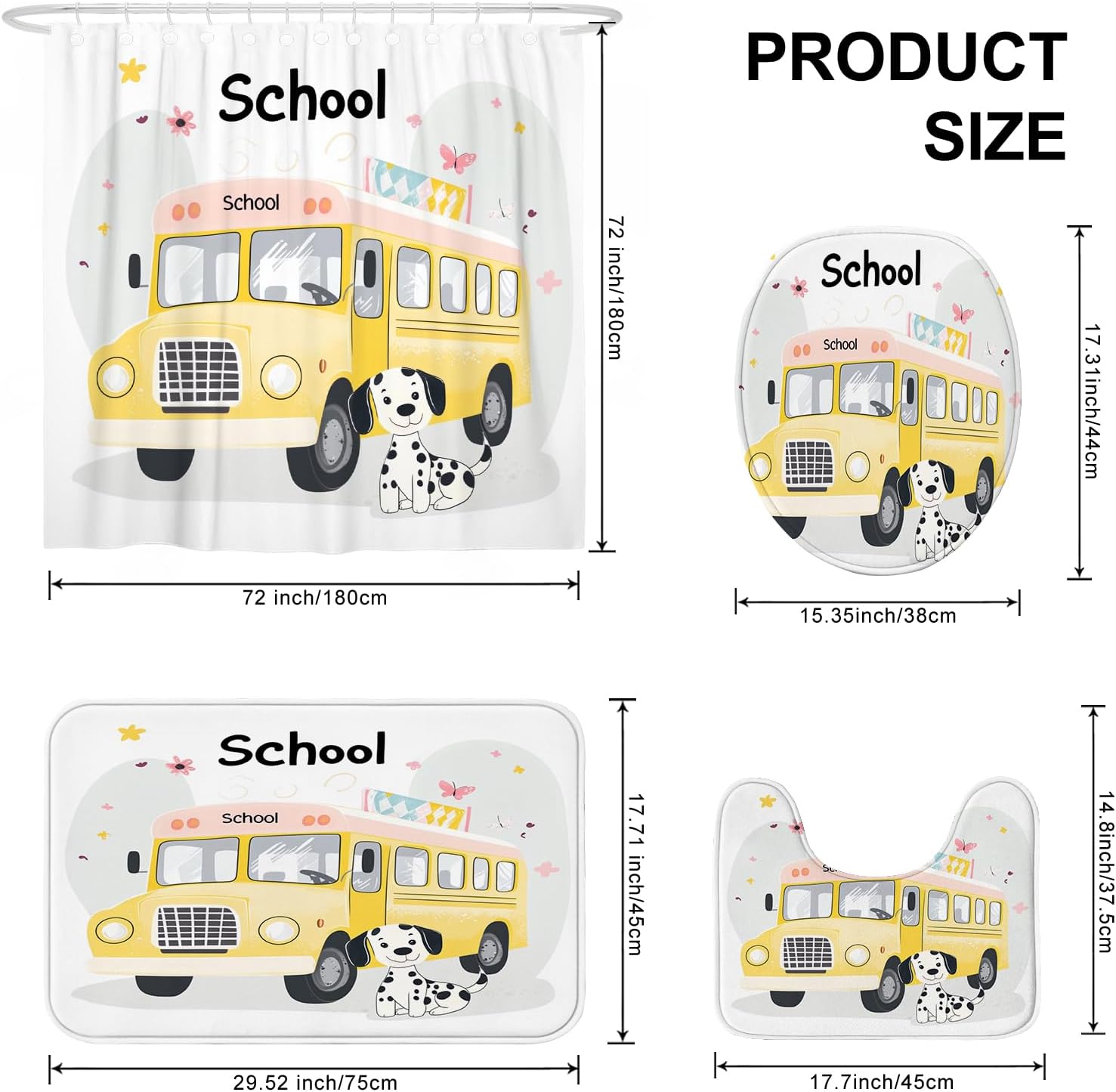 4PCS Cartoon Dalmatian Dog Bathroom Accessory Sets with Non-Slip Rug, U Shape and Toilet Lid Cover Mat, Kid School Bus Bathroom Fabric Decor-72''x72''