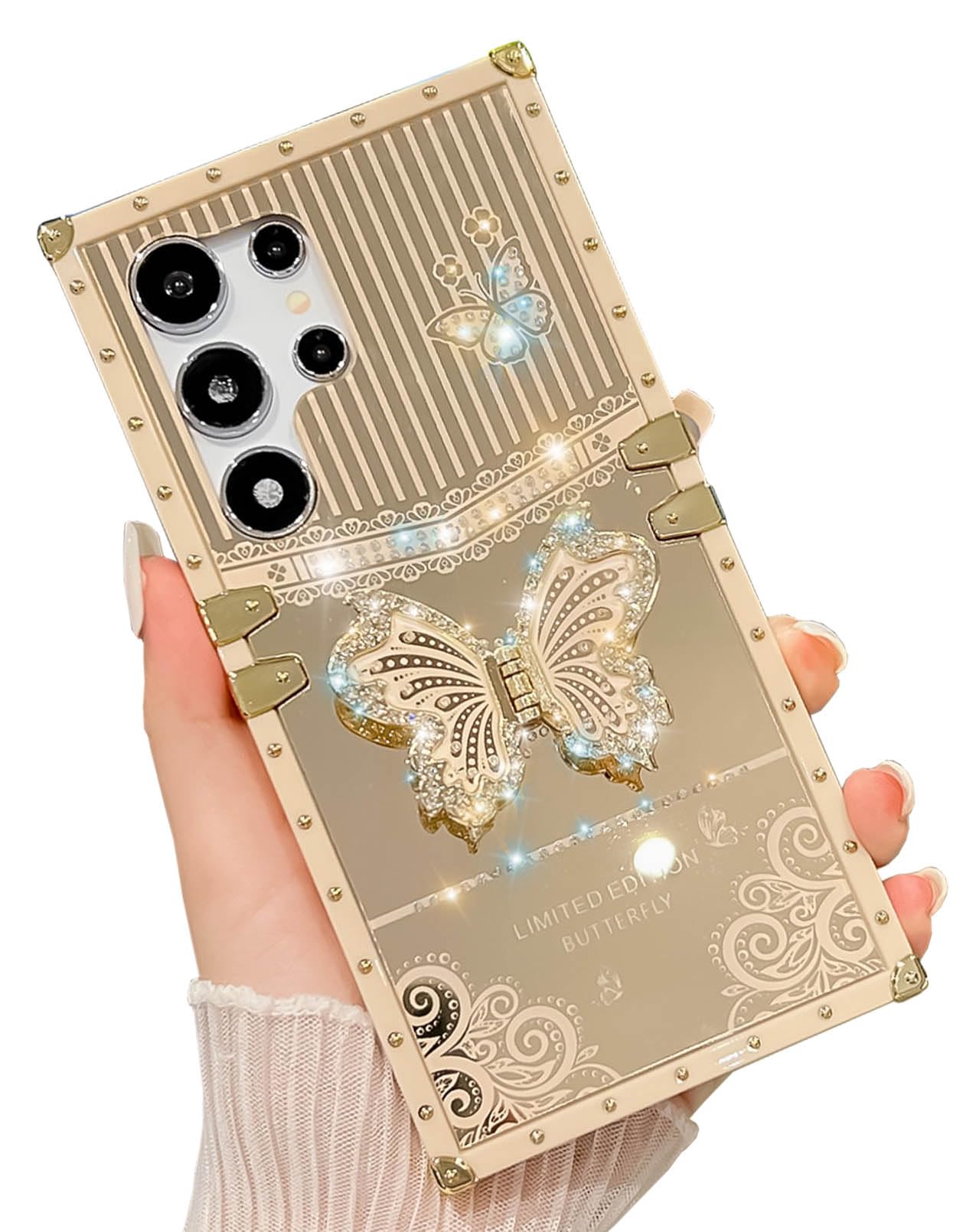 Cute Compatible with Samsung Galaxy S23 Ultra Case, Luxury Bling Butterfly Foldable Stand Kickstand for Women & Girls, Mirror Lace Flexible Shockproof Protective Case (Gold)