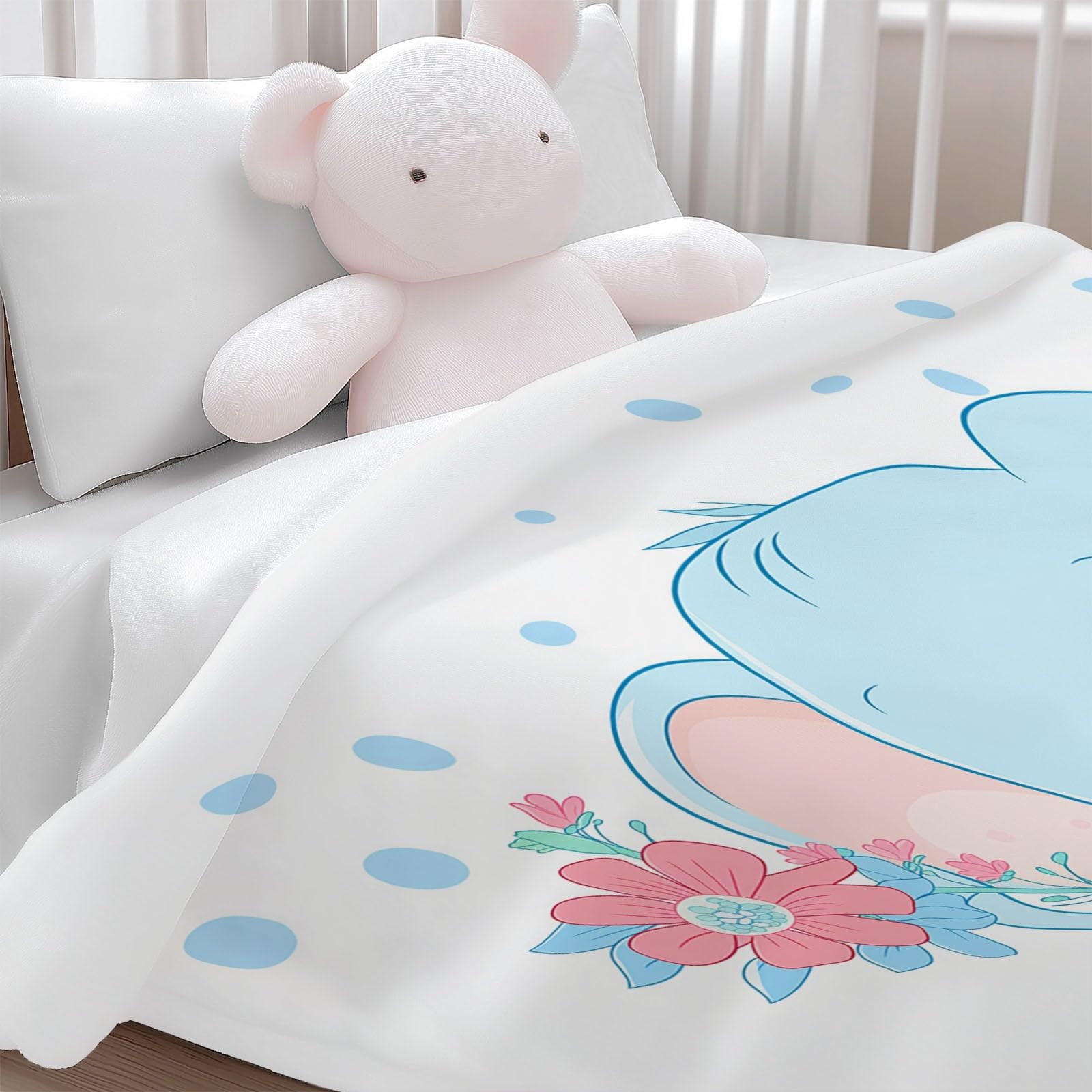 Genérico Flanelowy koc polarowy 200 x 200 cm, kremowy koc z nadrukiem kreskówkowym śliczne zwierzęta słoń niemowlę-zima ciepłe dla dziewczynek chłopców dorosłych