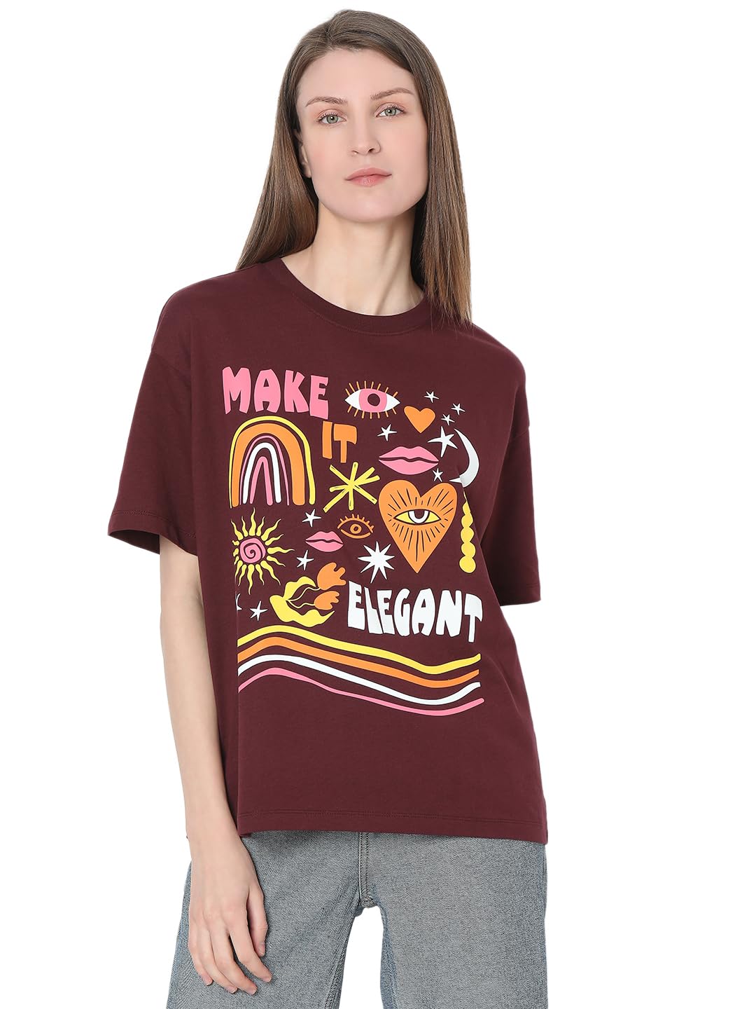 Vero Moda Round Neck Short Sleeves Graphic Printed Pure Cotton Cotton Regular Fit T-Shirt in multi