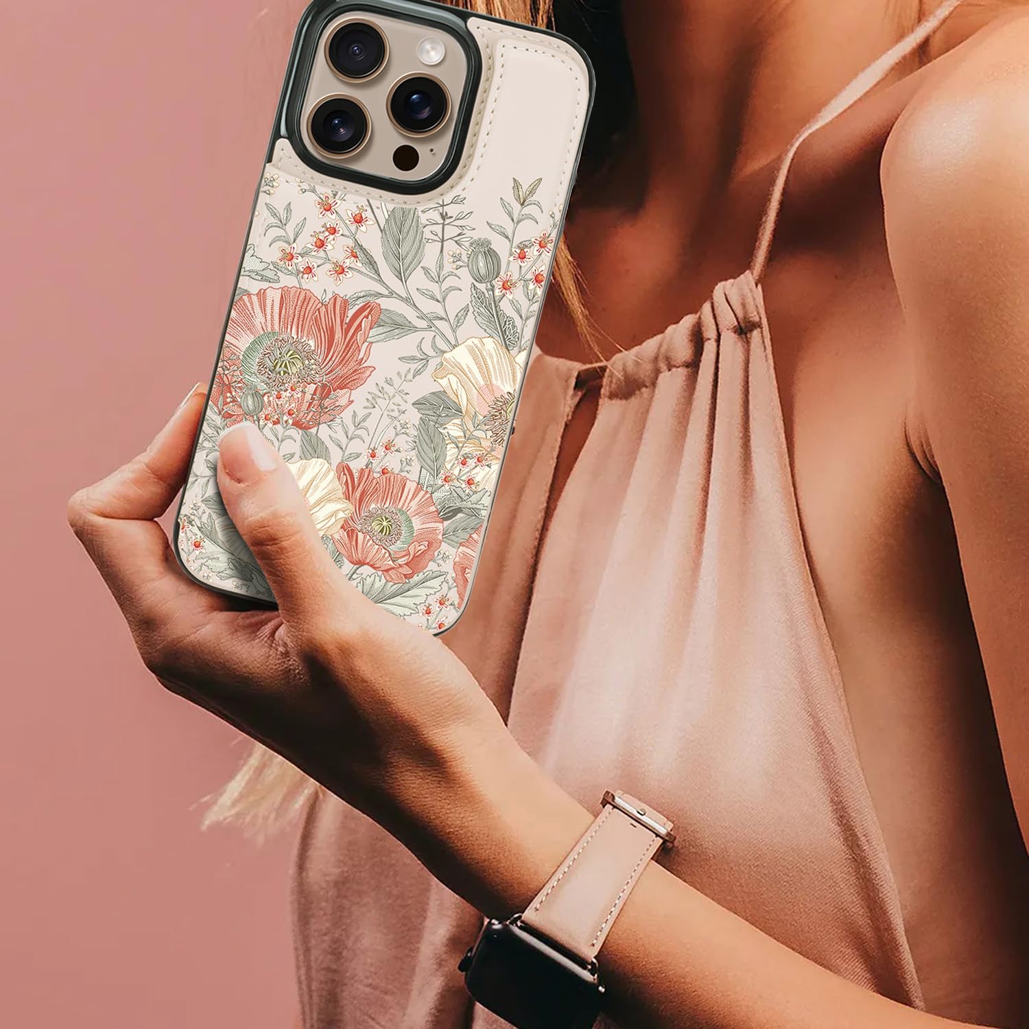 uCOLOR for iPhone 16 Pro 6.3" Wallet Case Magsafe with Card Holder Slot【Compatible with MagSafe】 Folio Flip PU Leather Double Magnetic RFID Design with Camera Lens Protector (Pink Vintage Flowers) - Image 5