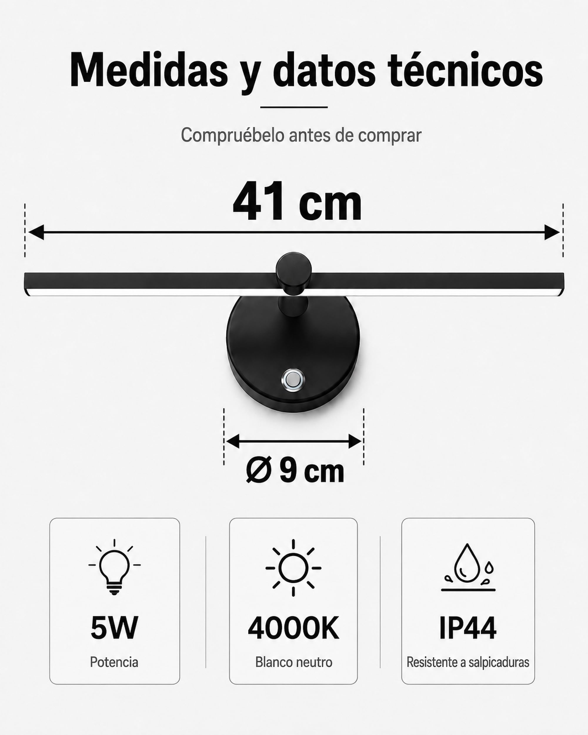 LANMOU 41cm Lámparas de Espejo de Baño LED con Interruptor, LED Regulable Aplique de Pared Interior Luces de Pared Giratorios de 300° Aplique Espejo Baño para Tocador Inodoro Armario, 4000K, Negro