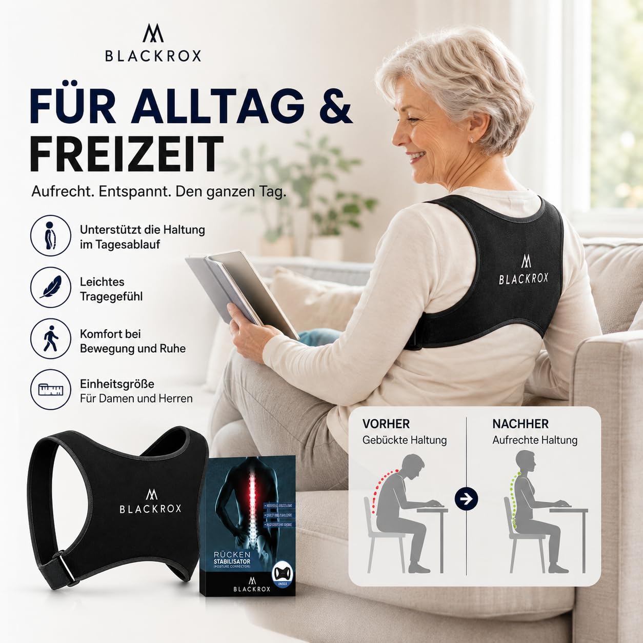 Blackrox Rückenstabilisator Vergleichssieger Haltungskorrektur für Schulter & Rücken Geradehalter Verstellbare Größe Damen Herren, Schwarz, one size