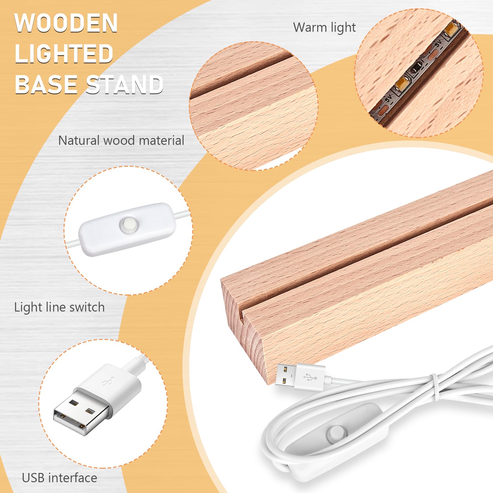 Sporgo 4 Stück LED Sockel: Led Lichtsockel 7 Farben Holzsockel, LED Lichter Display Basis USB Leuchten Sockel mit Schalter, Rechteckige Beleuchteter Holzsockel für DIY Acrylplatten -Farbe Einstellbar
