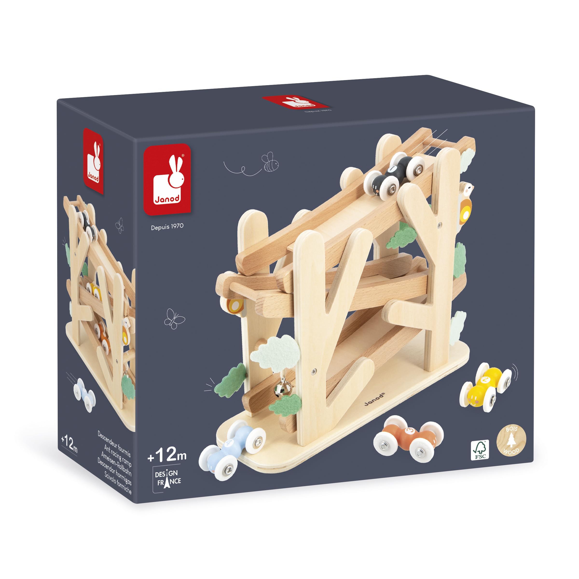 Janod - Descendeur en Bois sur 3 Niveaux- Toboggan des Fourmis avec 4 Voitures incluses - Jouet d'Eveil et Premier Âge - Apprentissage Motricité Fine - Dès 1 an - J04038