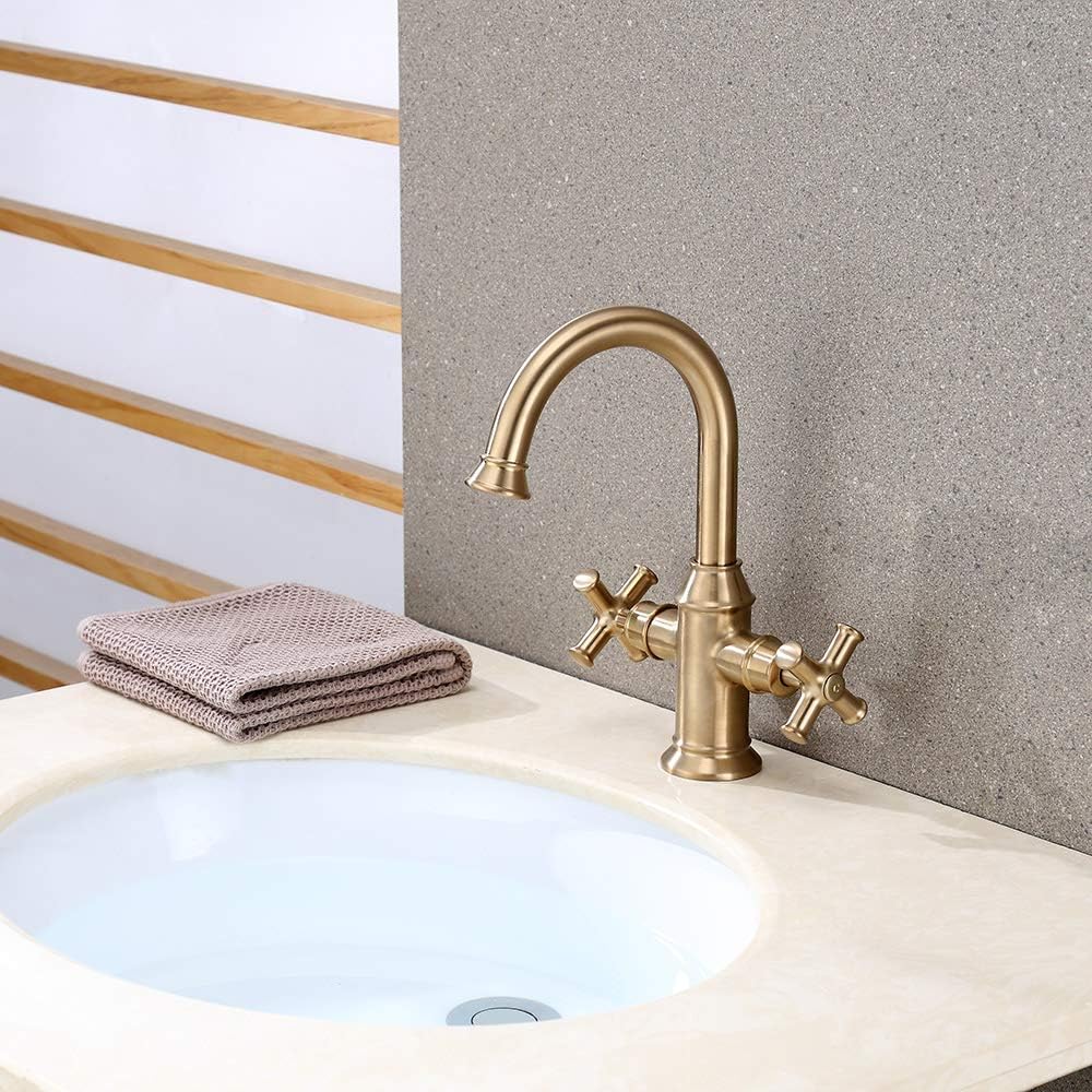 Brushed Gold Bathroom Sink Faucet,2 Handle Single Hole Vanity Bathroom Faucet,Swivel 360 Degree Spout Faucet,with Water Supply Line,BTF-2018-CS