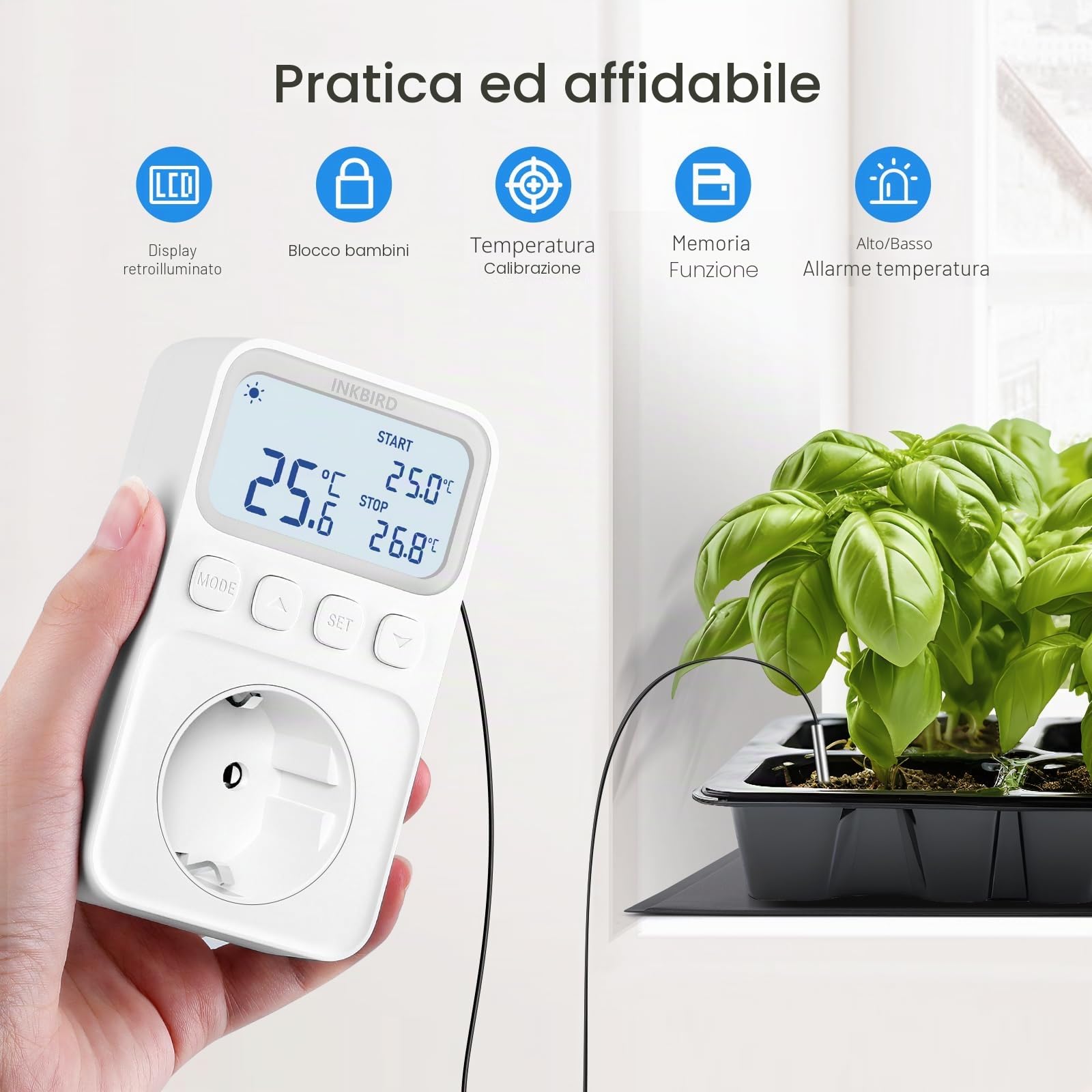 Inkbird ITC-C216T Termoregolatore,Presa Termostato con Sonda,Tre modalità di Riscaldamento,Funzione di Allarme,LCD Display,Regolatore di Temperatura Riscaldamento per Rettili,Serra,Incubazione