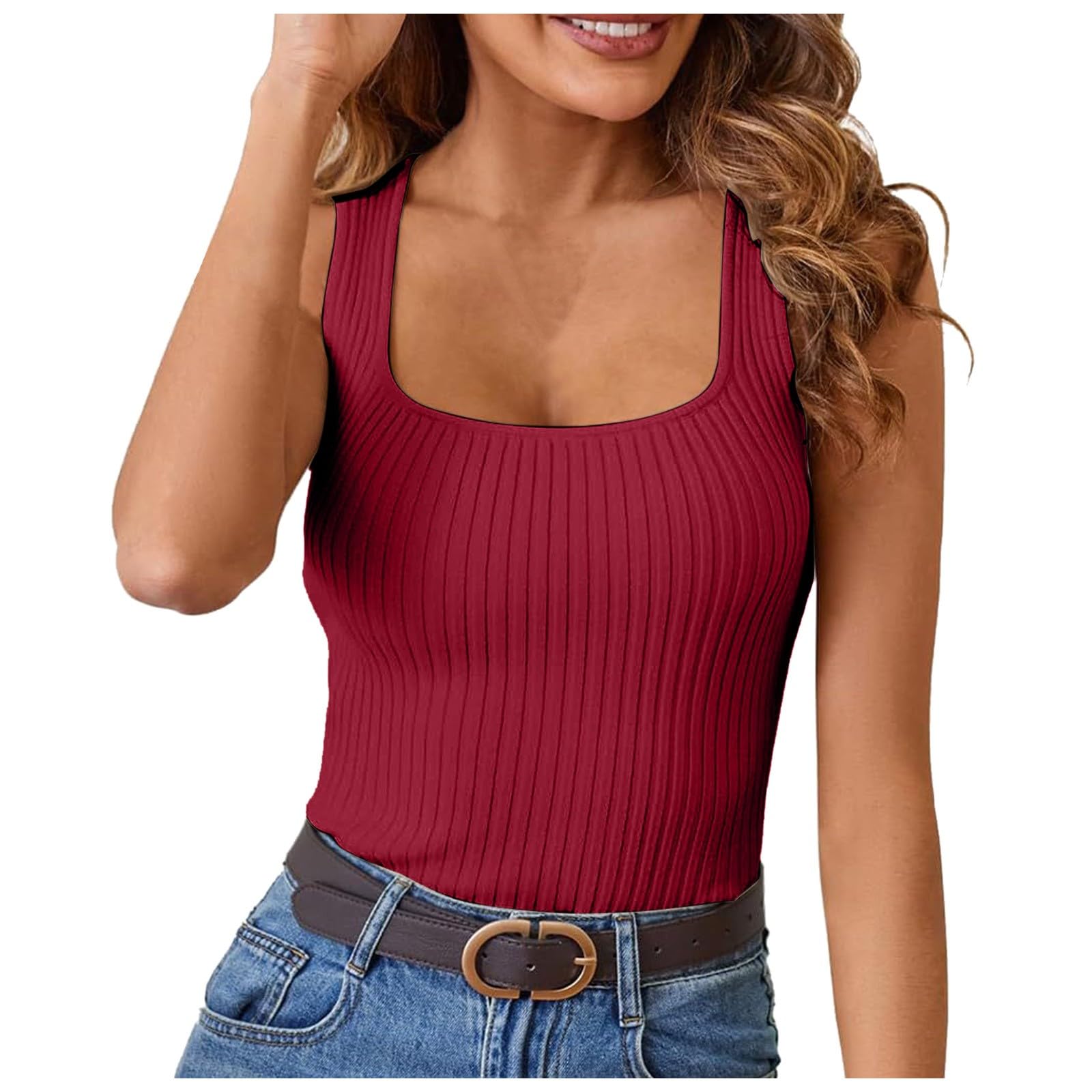 YOGALULU Blusas sin Mangas para Mujer, Camisetas Ajustadas con Cuello Redondo de Verano 2024, Camisas sin Mangas de Punto básicas Informales Camiseta Negra Manga Corta Mujer