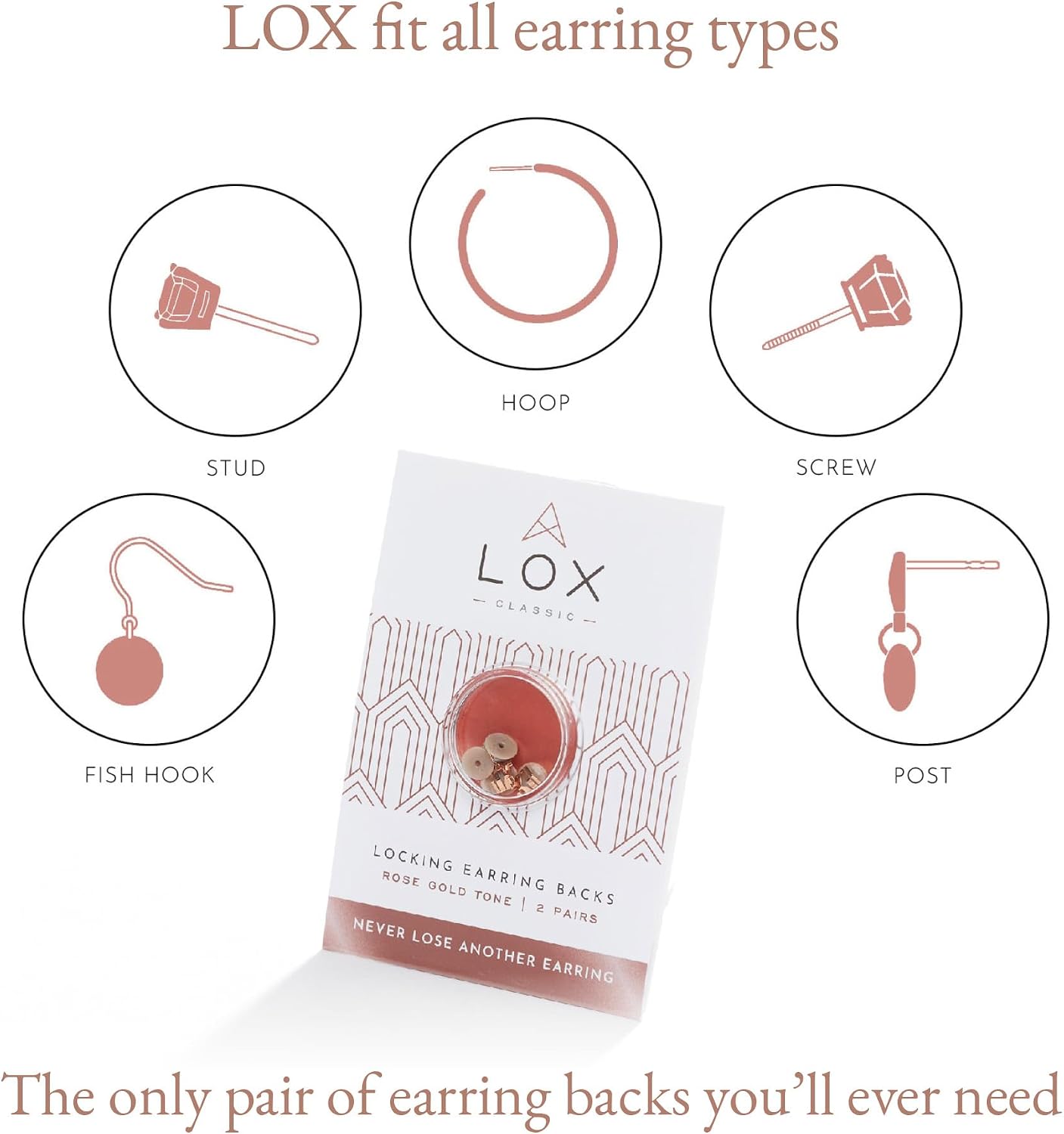 LOX Women's Secure Earring Backs - for All Types of Earrings - Easy to Adjust, Hypoallergenic, Safe and Easy to Use Earring Backs Replacements - 2 Pairs (Rose Gold)