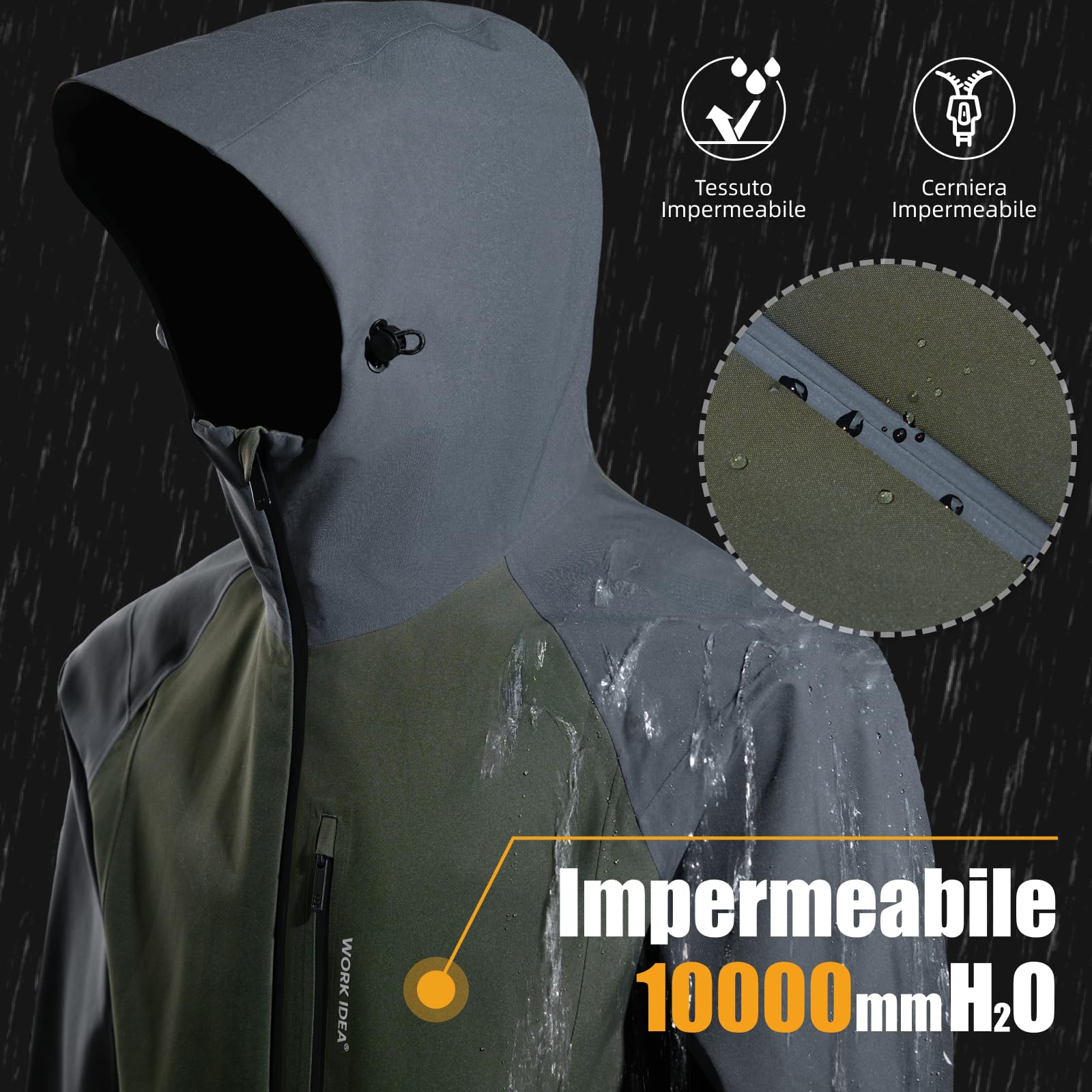 WORK IDEA Giacca da uomo 3 in 1, impermeabile (colonna d'acqua 10000 mm), traspirante, antivento con cappuccio e interno in pile, giacca funzionale per escursioni, bicicletta, campeggio e attività