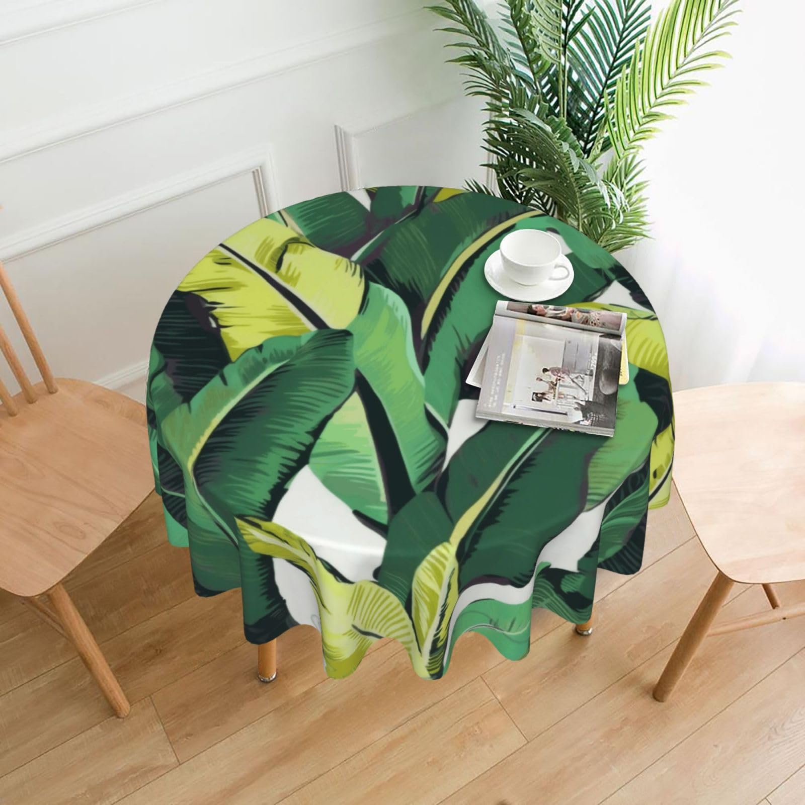 WPKJU Tropical Banana Palm Leaves Printed Round Tablecloth 60 in Water Resistant Table Cover Washable Table Cloth for Dining Tables