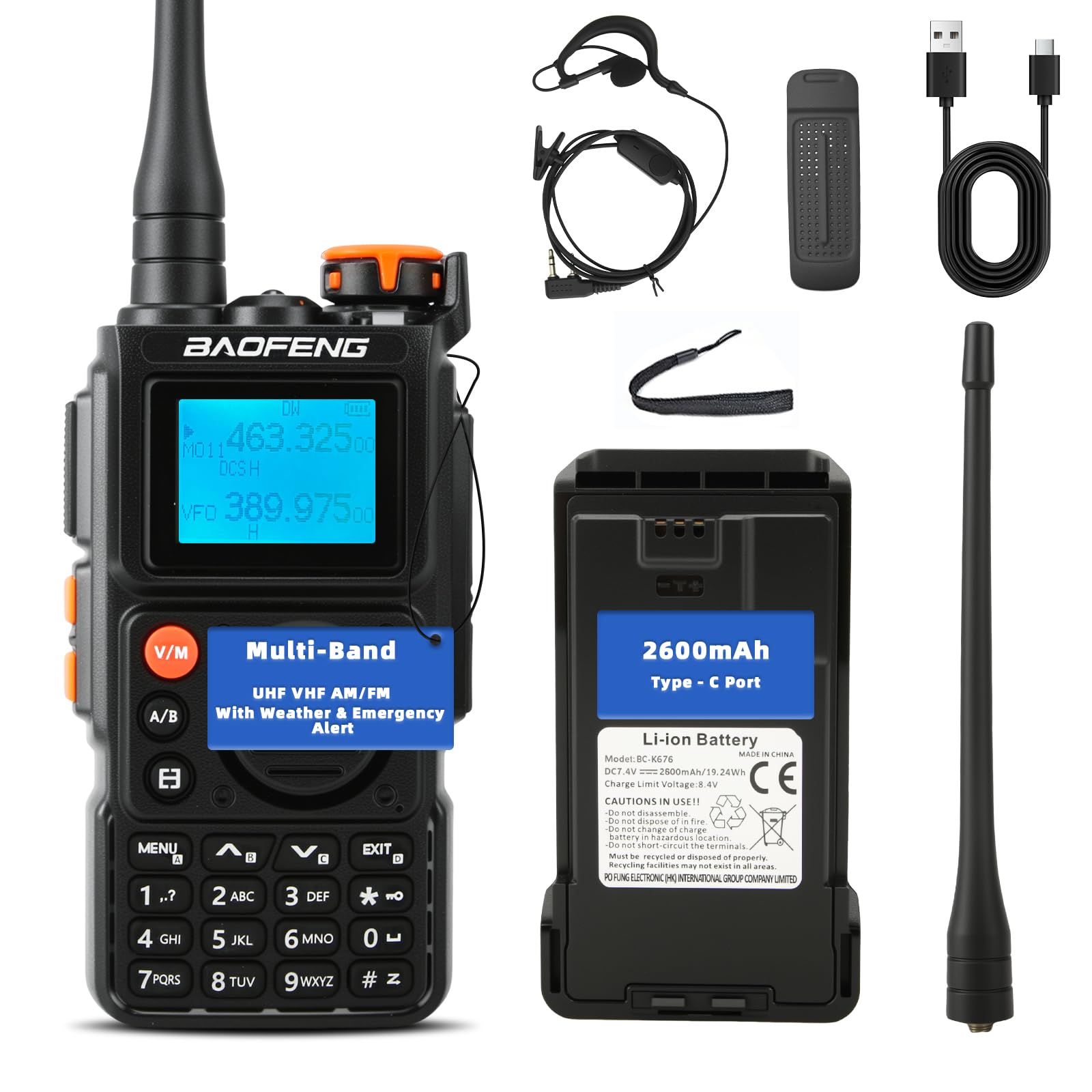 EU-K6 Walkie Talkie - Multi-Band Two Way Radio with Air Band Monitor, FM Radio, 2600mAh Type-C Battery, 8W High Power, VOX Hands-Free, SOS Emergency Alert, Weather Alert, for Camping Hiking & Work