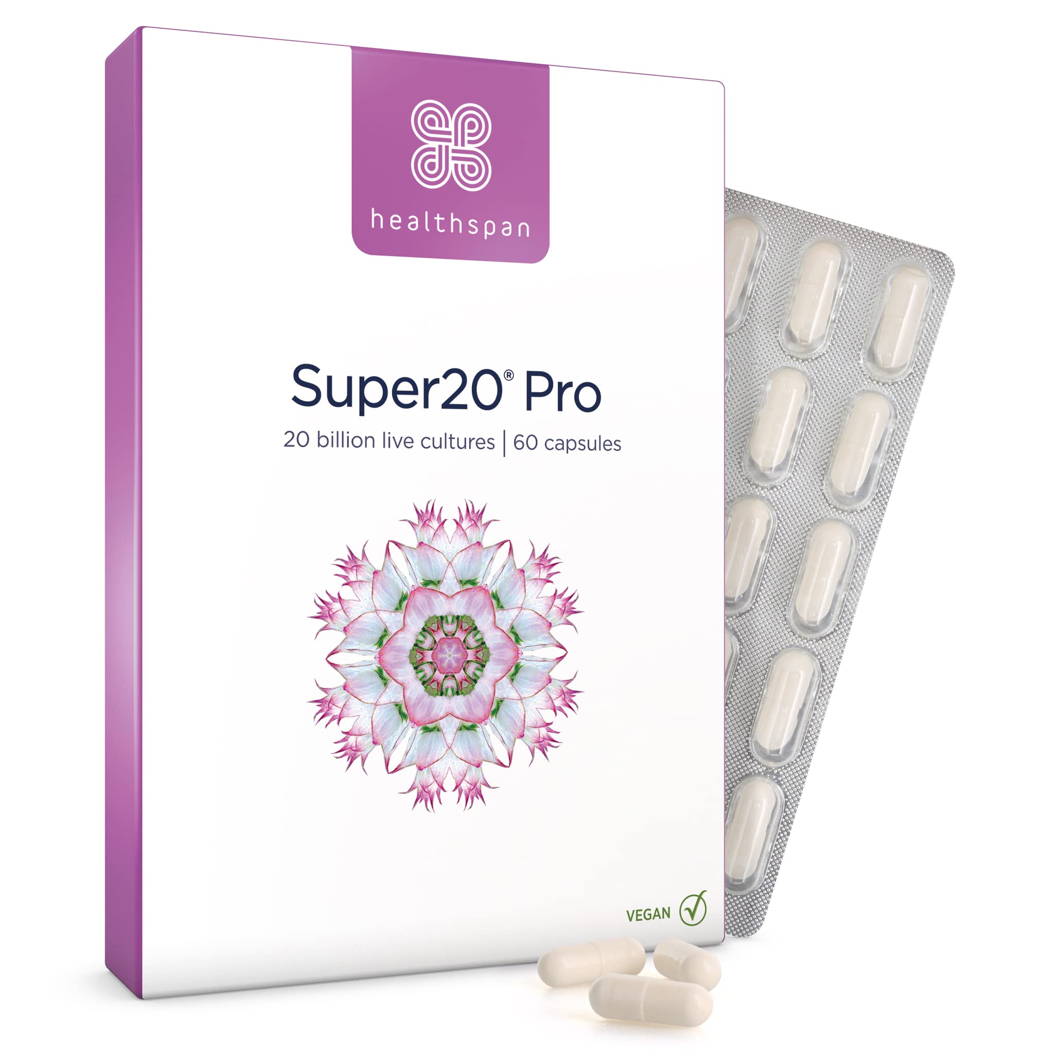 Super20 Pro Supports a Healthy Gut (60 Capsuels) | Probiotic with 20 Billion Live Friendly Bacteria | from Five of The Best strains | Promotes Friendly Bacteria in Your Gut | Vegan