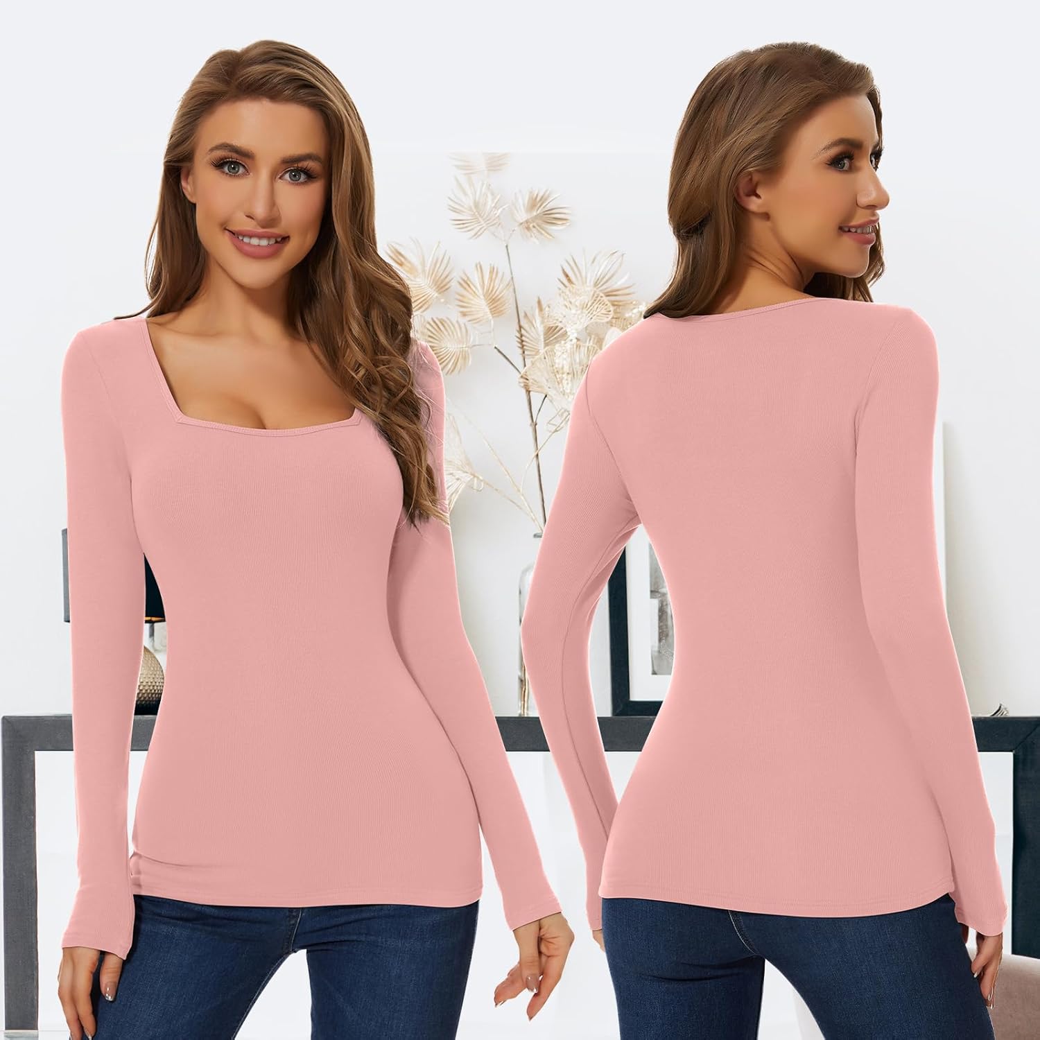 WOWENY Women Thermal Long Sleeve Shirt Fleece Lined Basic Fitted Tops Lace V Neck Undershirts Winter Tight Base Layer - Image 3