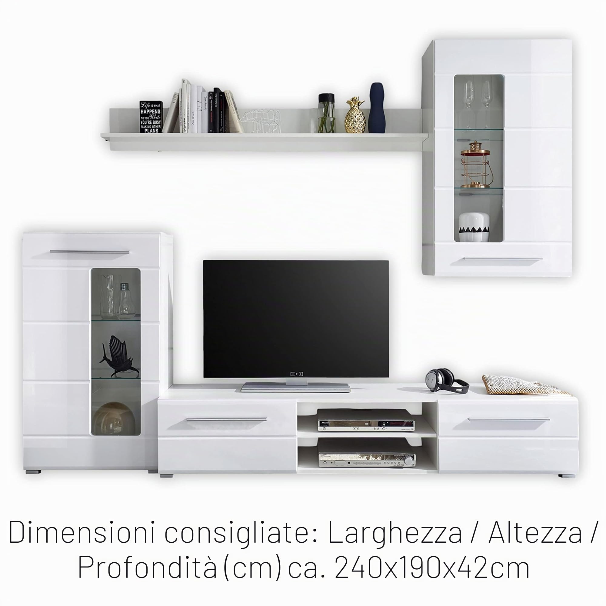 Parete attrezzata Enrique, Set Completo in Bianco Lucido, Contemporaneo Parete attrezzata con Tanto Spazio per Soggiorno, 240 x 190 x 42 cm