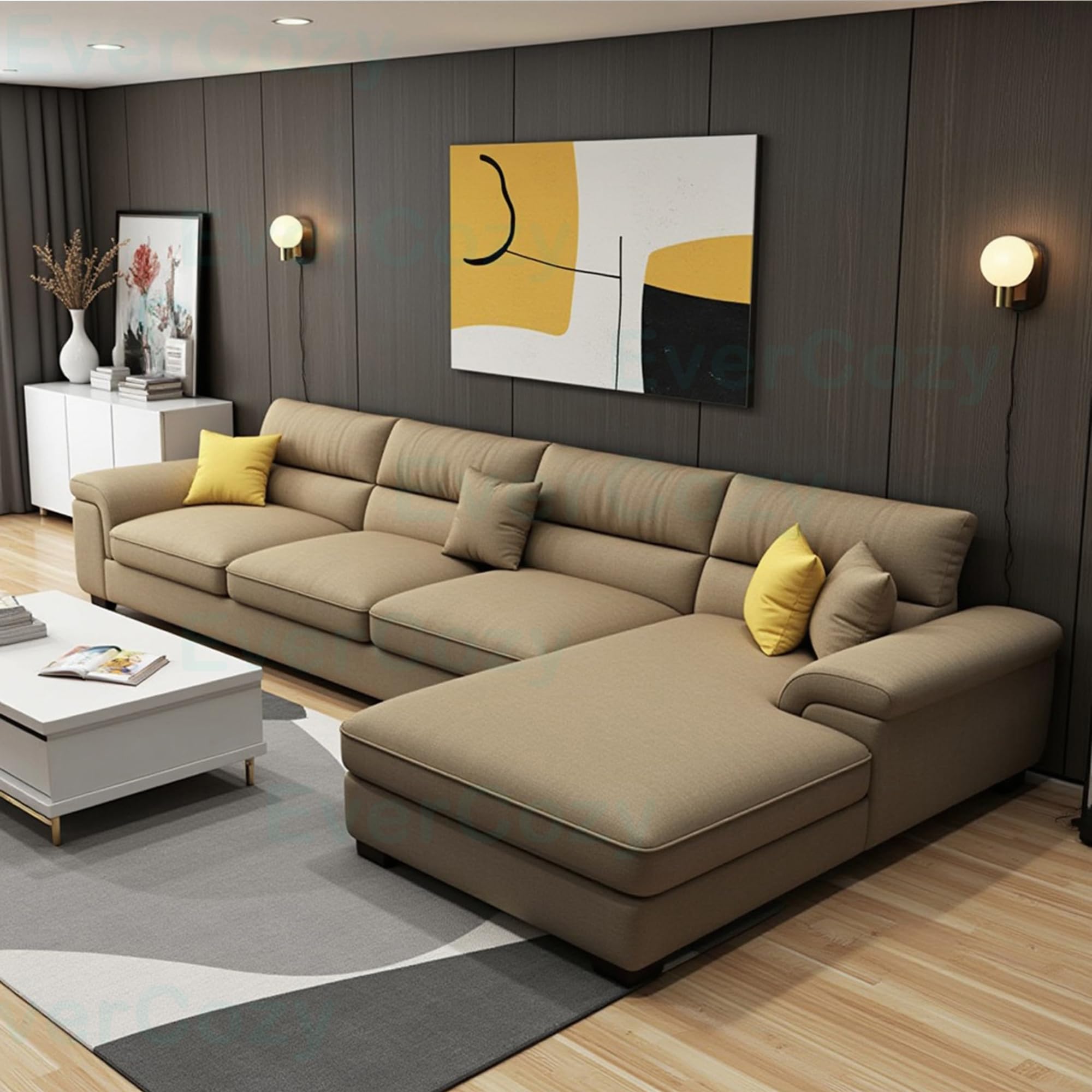 Italino 5 Seater Luxurious L Shape Fabric Sofa Set (Right Side Lounger, Beige) | 5 to 6 Person Wooden Corner Sofa Couch for Living Room Bedroom Home Hall Furniture-image-21