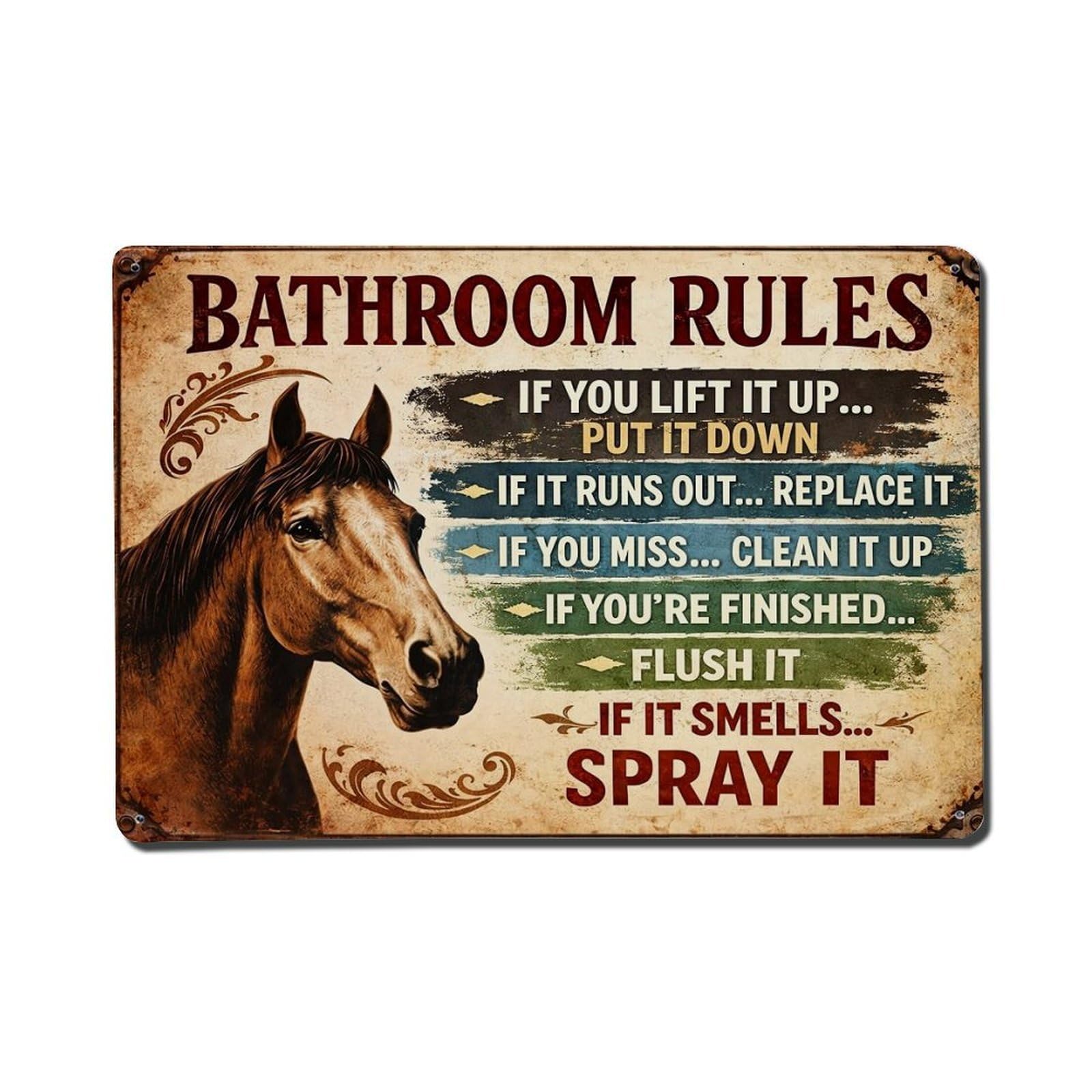 Horse Bathroom Rules Sign Art Retro Metal Tin Sign, Vintage Decor Art Poster for Bar, Home, Man Cave, Kitchen, Laundry Room Gift 8x12Inch