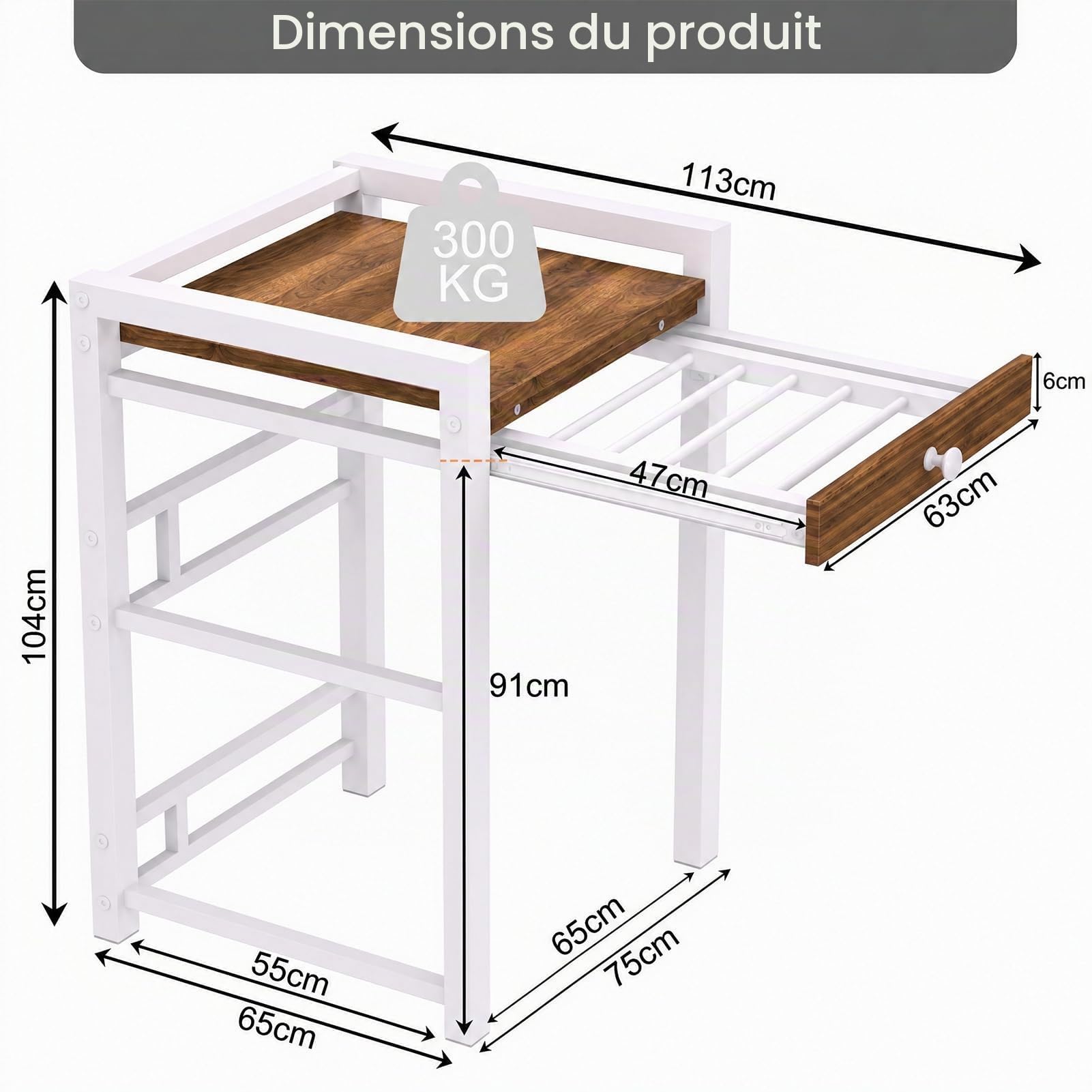 Meuble Machine à Laver, Meuble Lave Linge Seche Linge Superposé, Etagere Machine a Laver, Sans perçage, réglable en Hauteur, Armoire en Bois et MéTal, Capacité de Charge de 350 Kg (Blanc-Étagère)