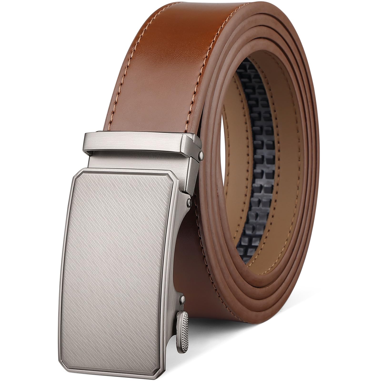 Drowsmen Leather ratchet belt 1 3/8" with Click Sliding Automatic Buckle, Adjustable belt Trim to Fit