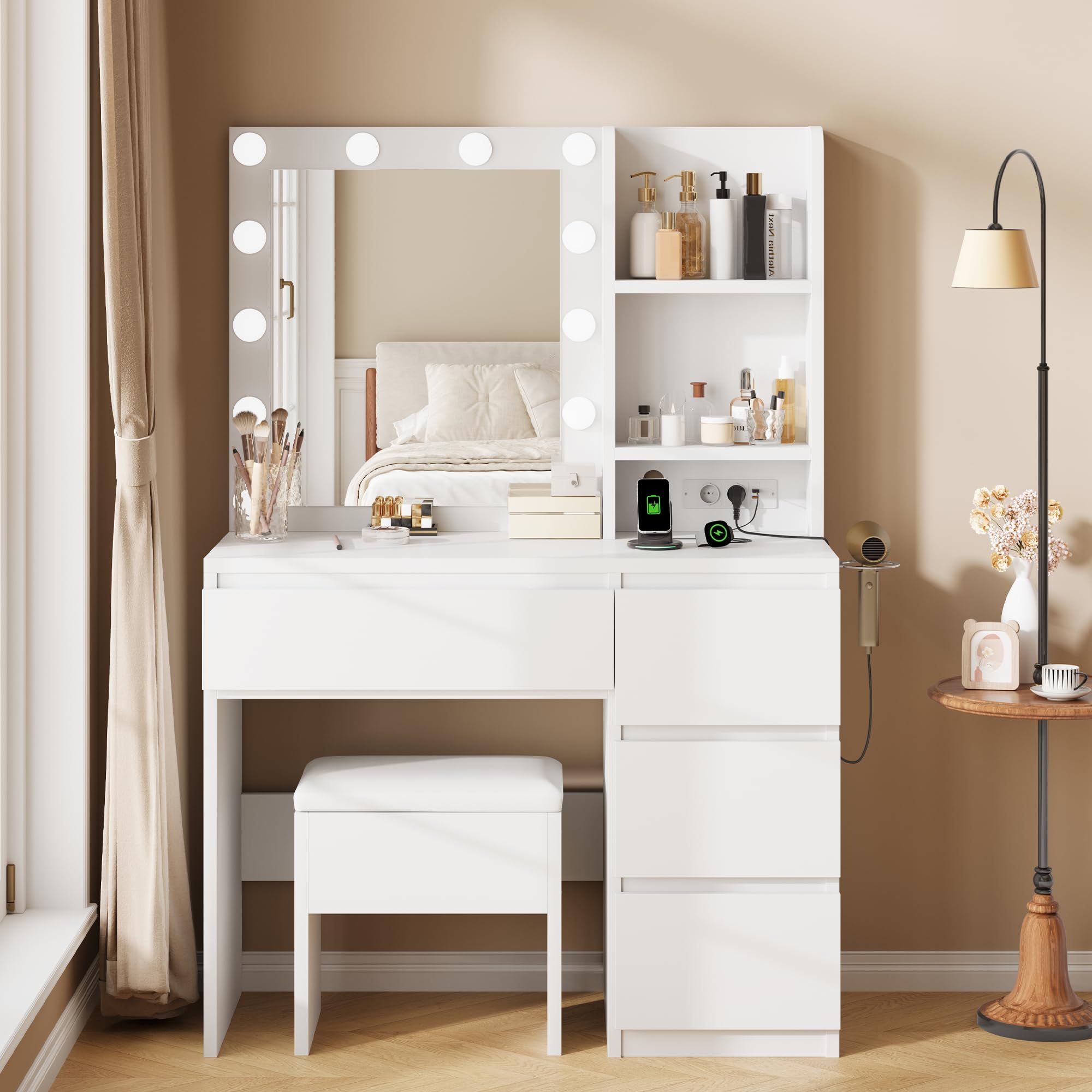 Jocoevol Schminktisch mit Spiegel und LED Beleuchtung, 40 x 94 x 140 cm