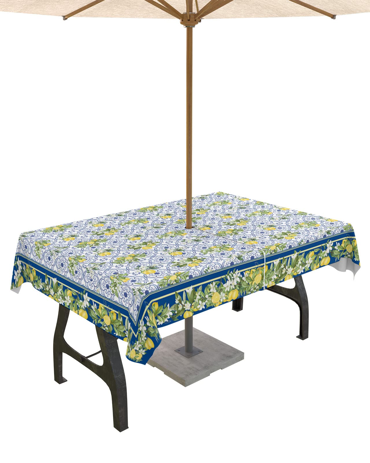 HERBED Rectangle Outdoor Table Cloth 60x84 Inch Summer Vintage Lemon Tile Pattern Blue Tablecloth with Umbrella Hole, Zipper Table Cover Waterproof Stain Resistant Tablecloths for Patio Party Picnic