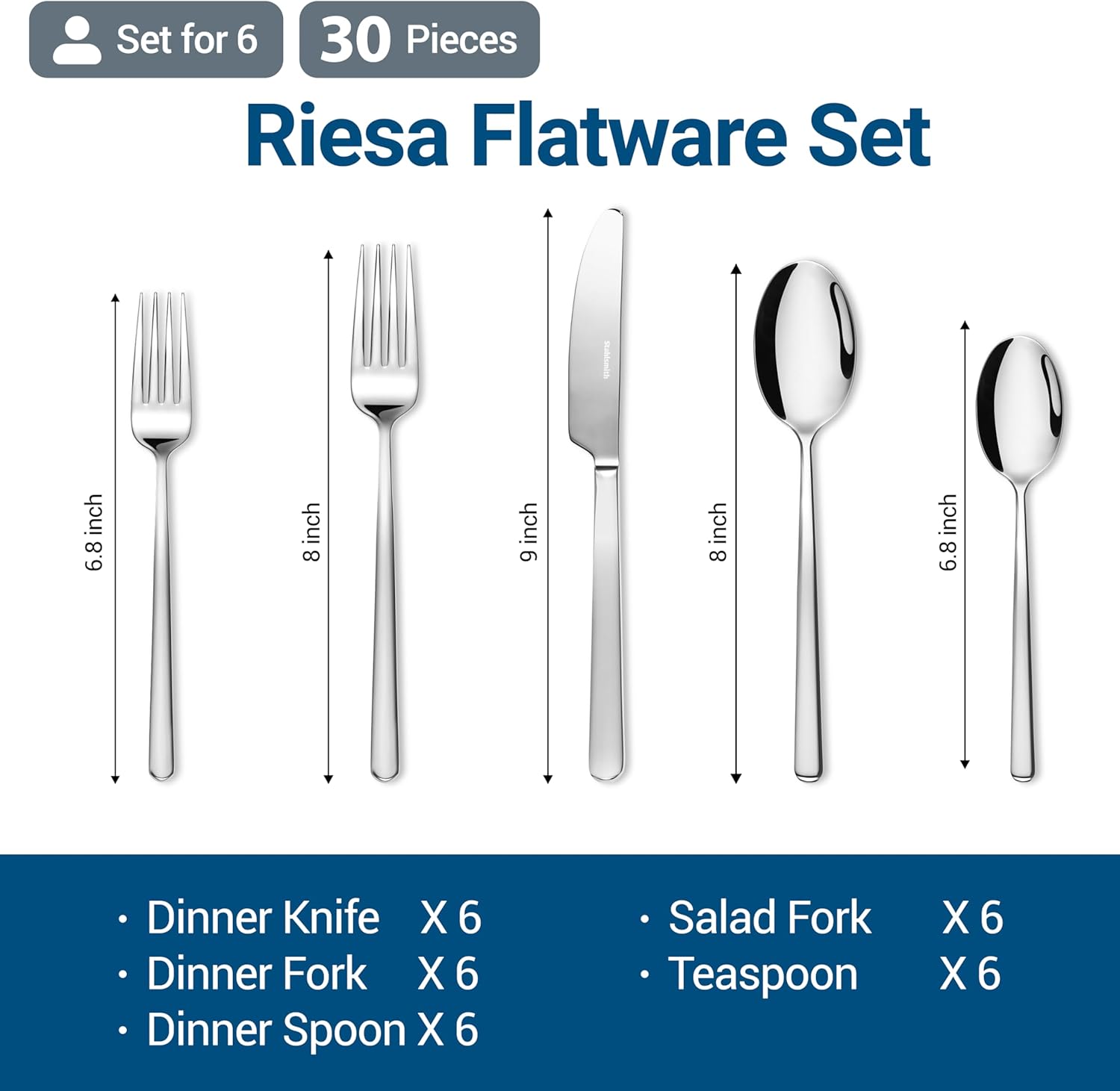 Riesa Flatware Set for 6, 30-Piece 18/10 Stainless Steel Silverware Set, Modern Cutlery Set with Mirror Finish, Dishwasher Safe Kitchen Utensils, Mother’s Day Gift