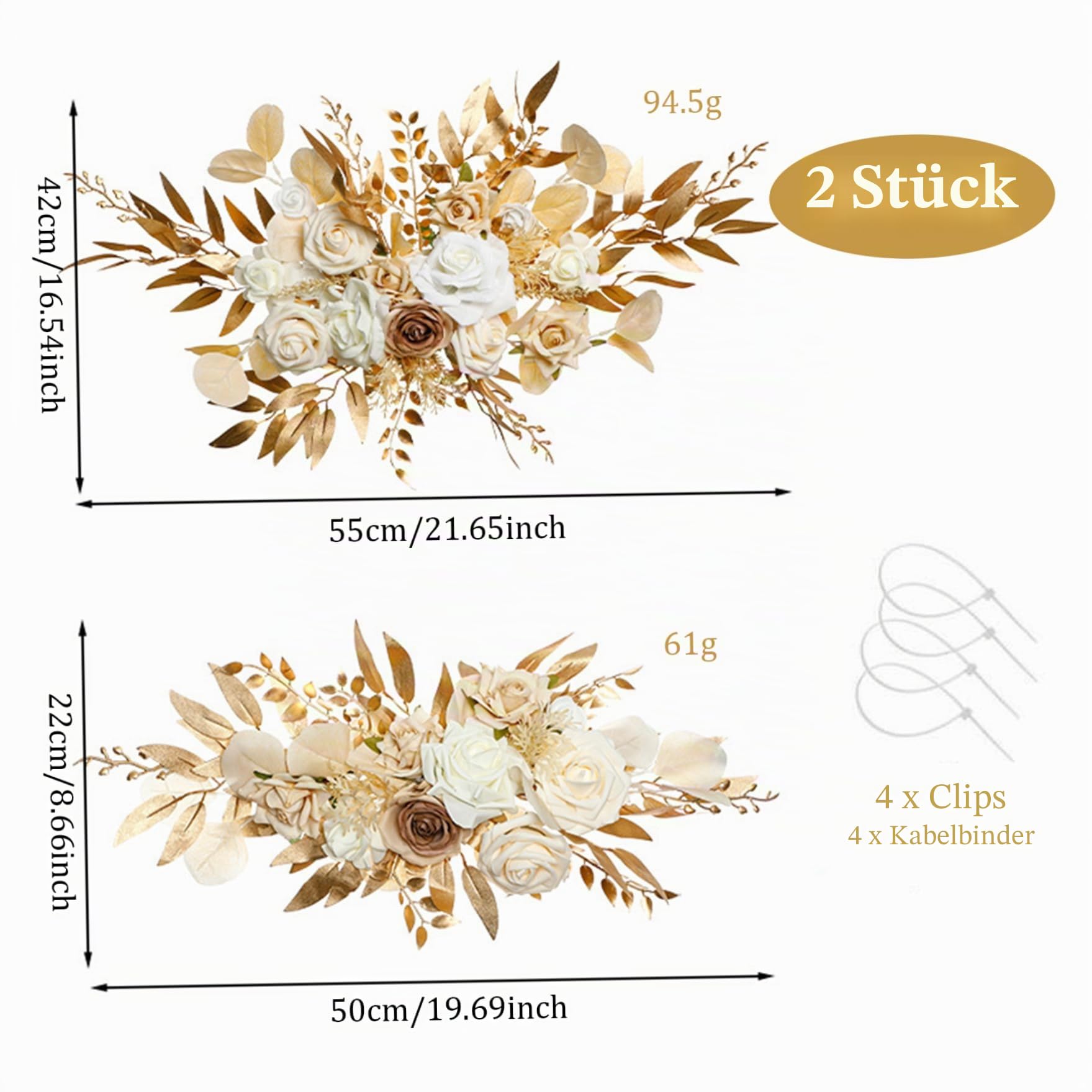 Hochzeitsbogen Blumen 2pcs lebensechter Champagner -Farbbogenblumen mit Clips & Krawatten mit geringer Wartung Seide und Plastik Hochzeitsdekor für Begrüßungsschild, Hintergrund