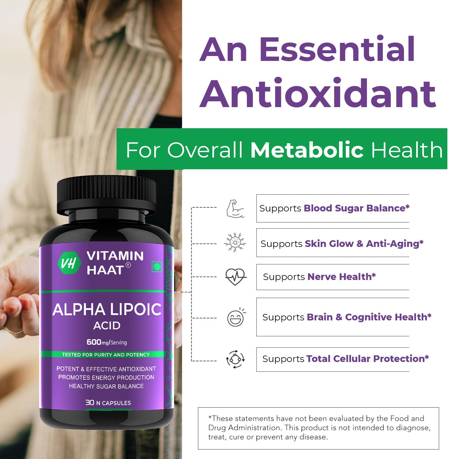 VitaminHaat Alpha Lipoic Acid 600 mg | Powerful Antioxidant for Cellular Energy & Nerve Health | Supports Skin & Glucose Metabolism (30 count (Pack of 1)) — Amazon image 4