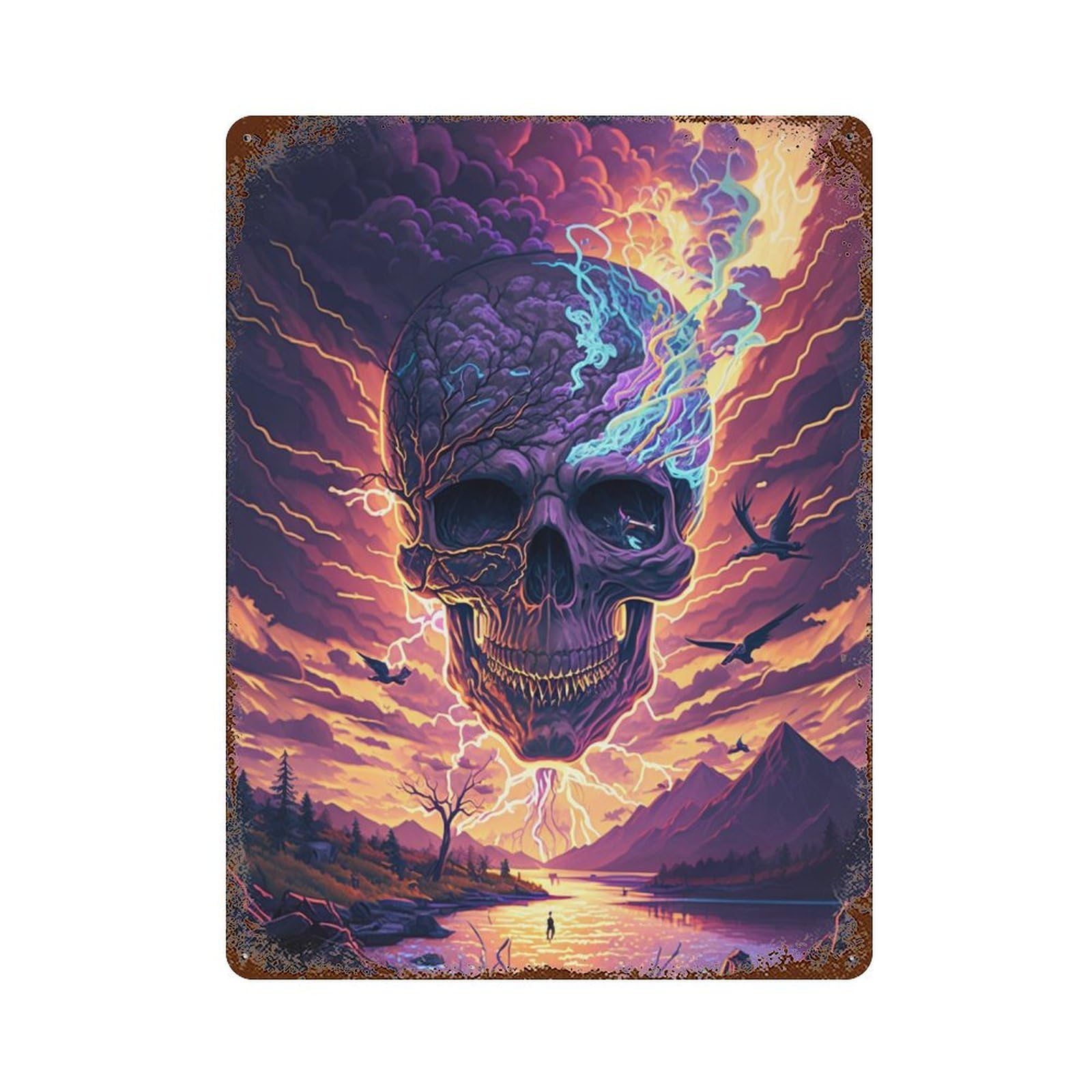 Thunderstorm Skull Landscape Weathered Tin Sign 15.7"x11.8", for Basement, Hobby Room And Garage Decor, Rustic Home Decor