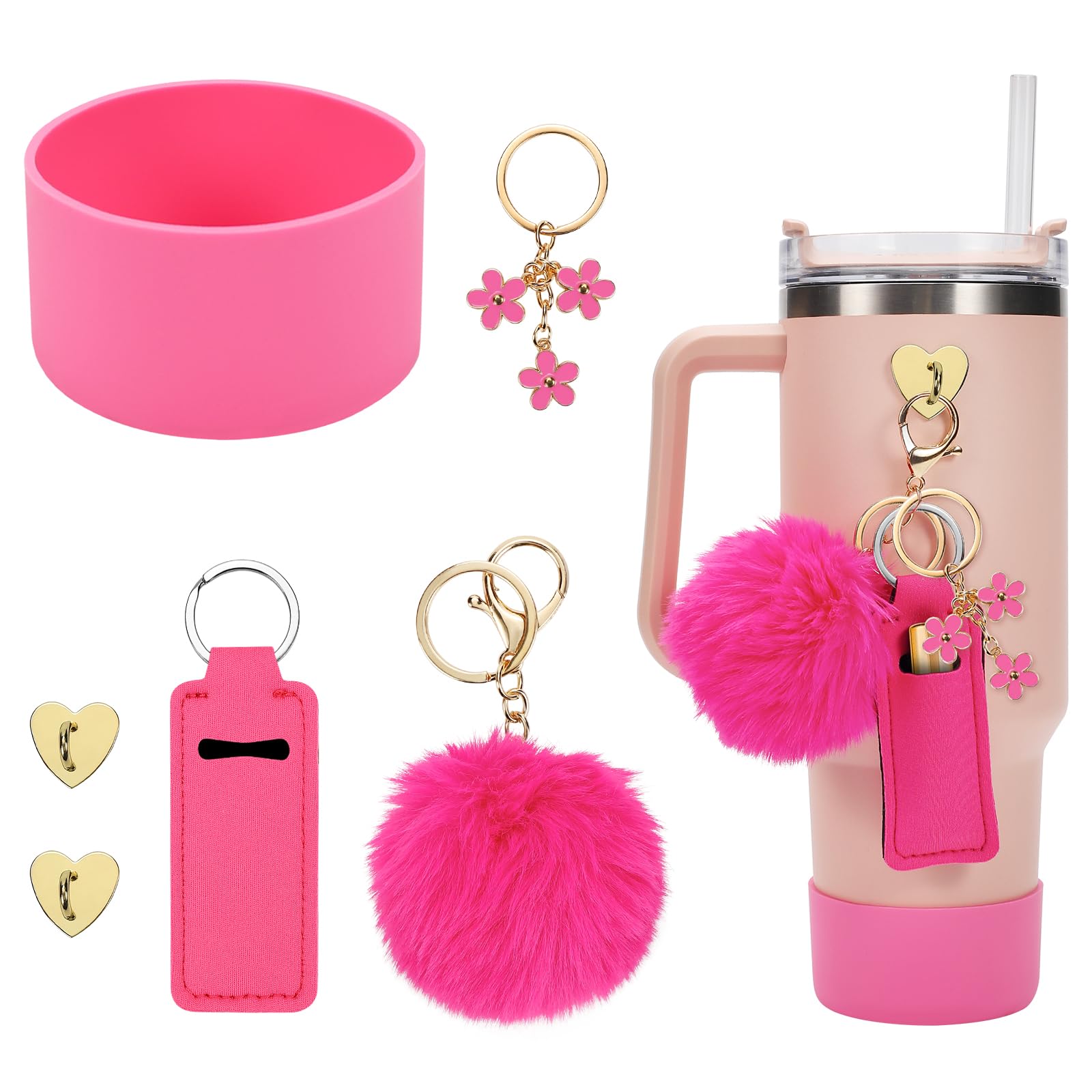 Water Bottle Boots Cover Mini Hooks Lipstick Sleeve Pouch Pom Daisy Charm Keychain Compatible with Stanley Tumbler, Siliocne Water Bottle Boots for Stanly Tumbler Cup 40oz.