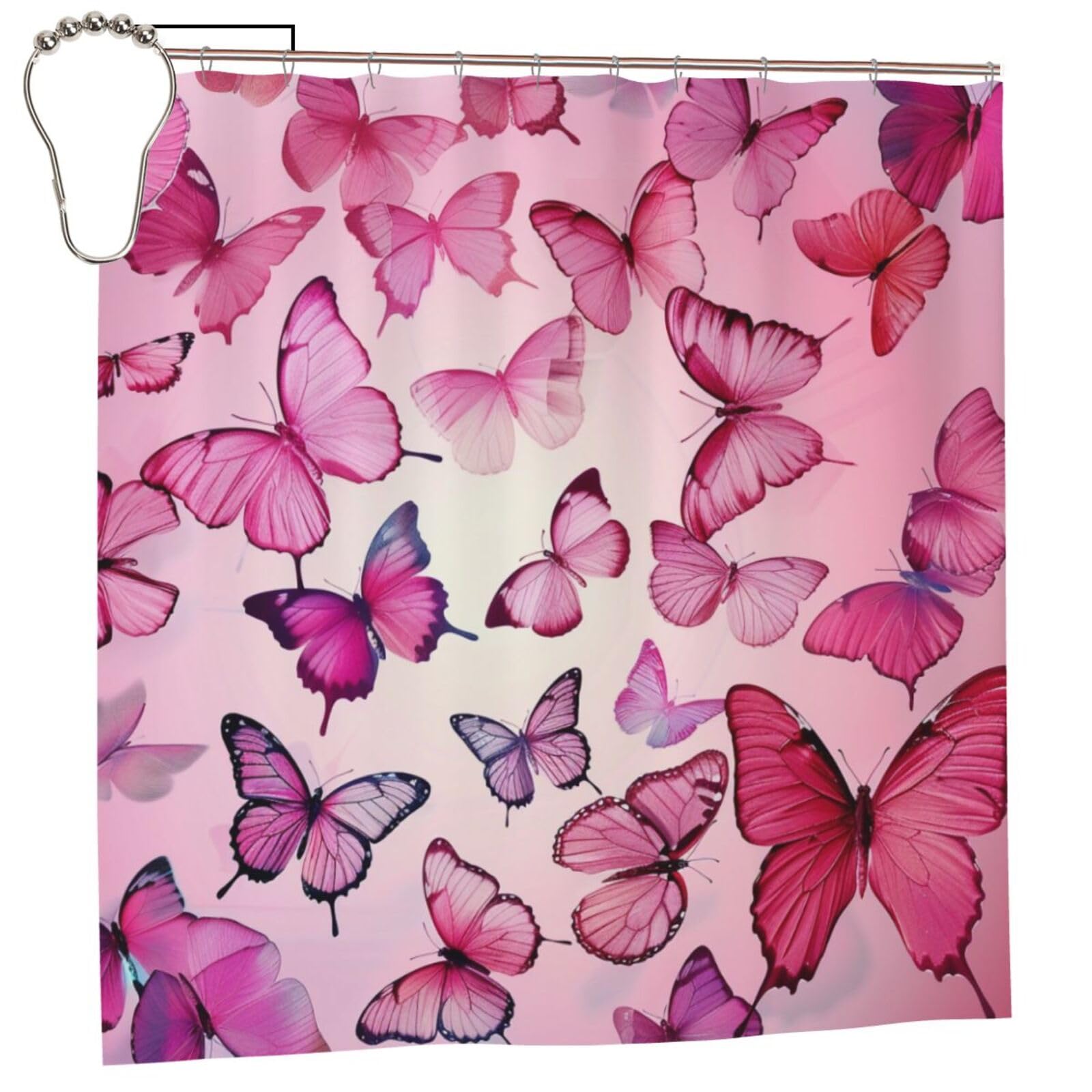 BWWHCCTI Butterflie Printed Shower Curtain With 12 Iron Hooks Opaque Quick Drying Waterproof Shower Curtains Sets For Bathroom 183x183 CM