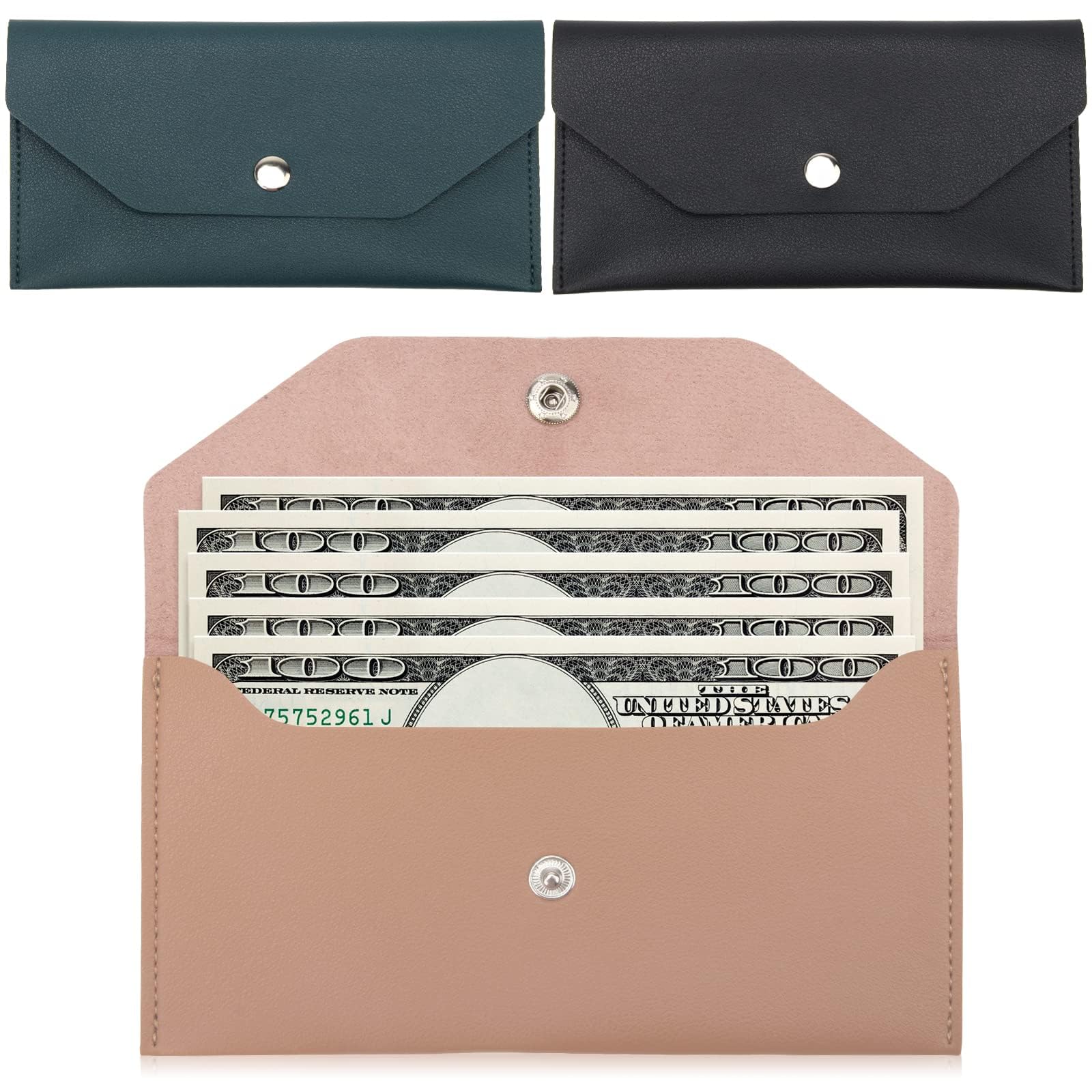 3 Pieces Money Cash Envelopes Bag, Pletpet PU Leather Cash Money Pouch Cash Wallet Envelope Reusable Budget Envelope for Spring Festival Wedding Birthday Graduation Holidays(Black, Pink, Dark Blue)