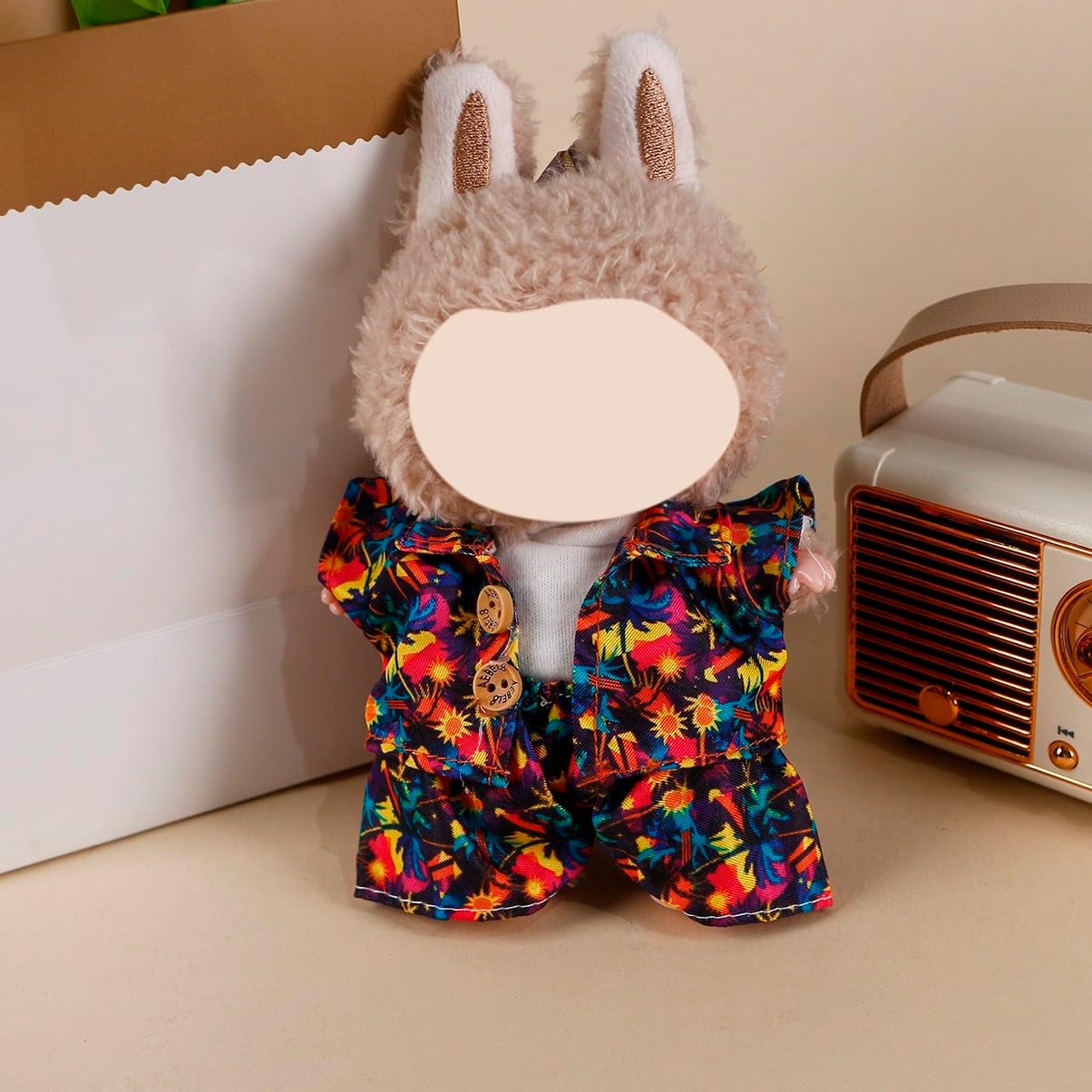 Compatible with Labubu (NO Doll) - Colorful Tropical Print Jacket, White T-Shirt & Shorts Outfit Set for 15cm/17cm Plush Dolls, Cute Doll Clothing Accessories (Tropical Print)