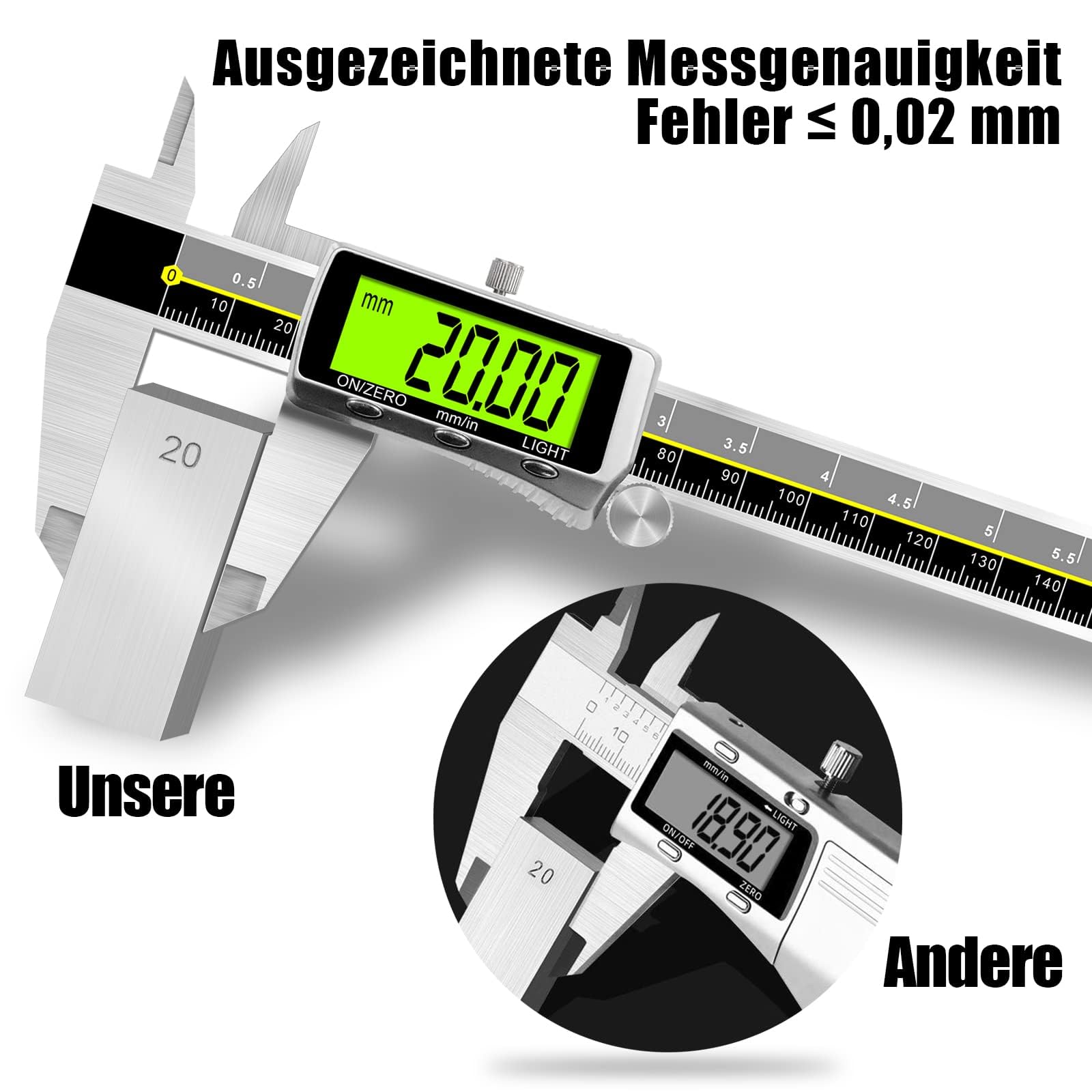 Calibrador Digital con Retroiluminación, Calibrador Digital de Precisión de 150 mm en Acero Inoxidable Pantalla LCD Resistente al Agua y Medición de Profundidad con Batería para el Hogar Industria