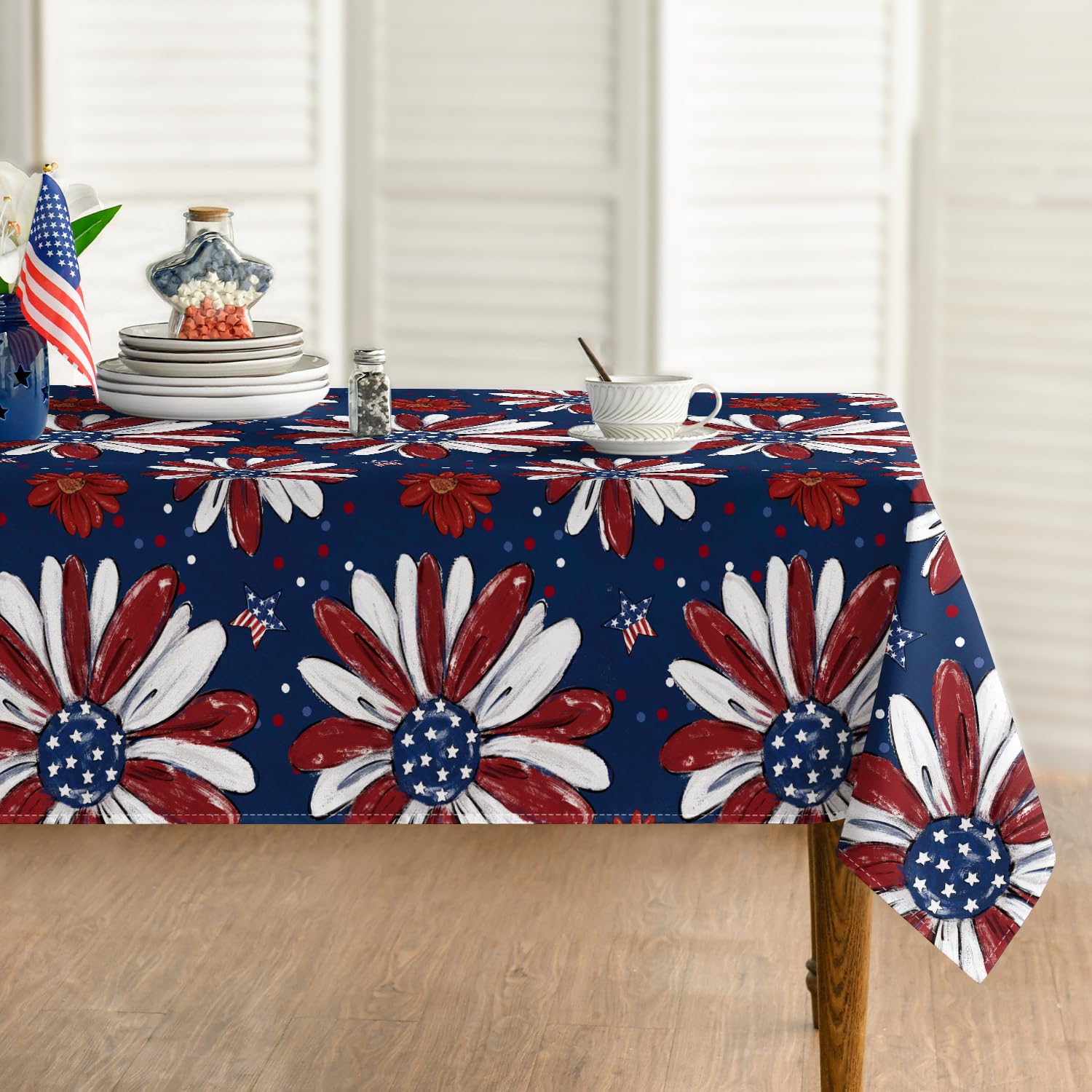 Photo 1 of Horaldaily 4th of July Tablecloth 60×60 Inch Round, Patriotic Memorial Day Print Flowers Independence Day Blue Washable Seasonal Table Cover for Party Picnic Dinner Decor