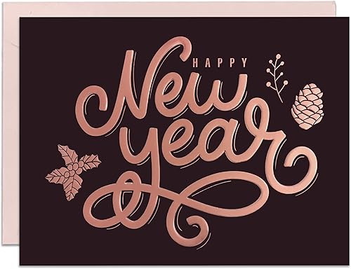 18 tarjetas de feliz año nuevo con sobres, diseños de color marrón oscuro con lámina y relieve de oro rosa, tarjetas de deseos de Año Nuevo de 7.25