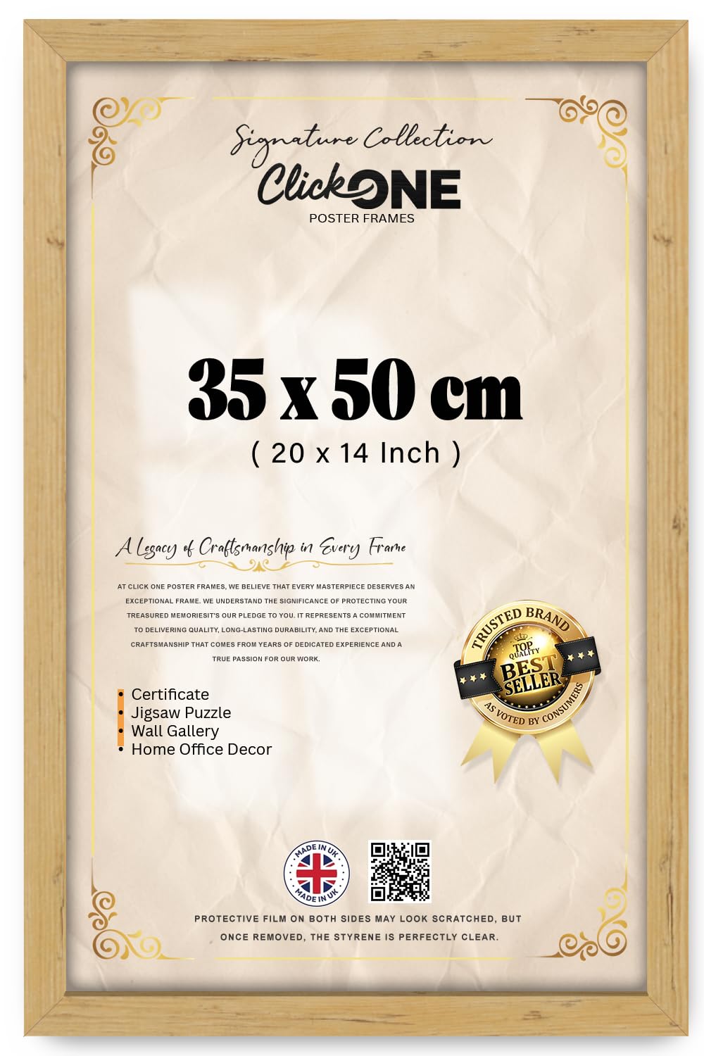 Click One — Sleek Poster Frame (35 X 50 CM | 20 X 14 Inch) Pine Border For Vertical And Horizontal Display — Showcasing Paintings, Photos And Prints To Elevate Living Room, Office, Gallery Wall