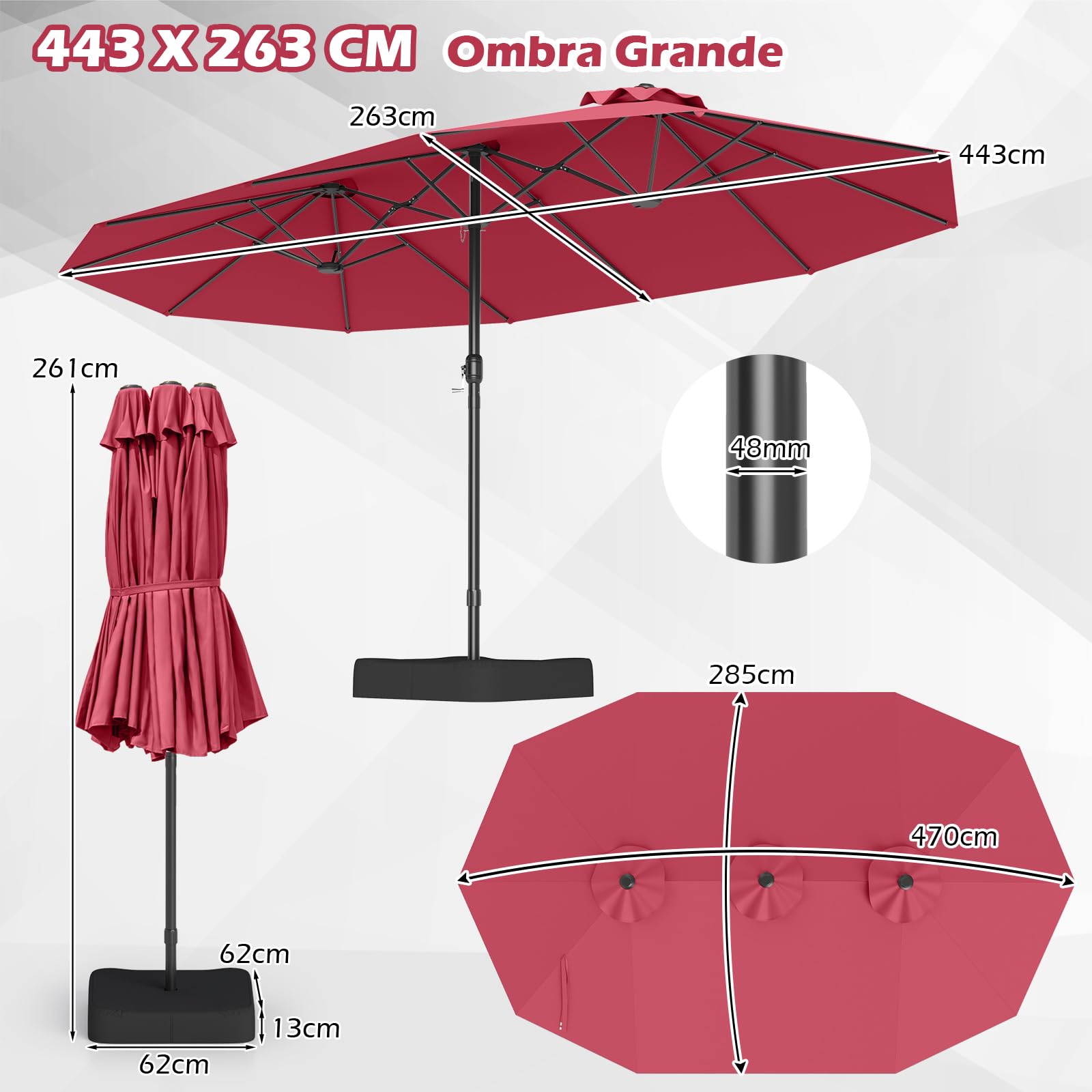 COSTWAY Ombrellone Doppio Rettangolare 443 x 263 cm con Sistema a Manovella, Base e 12 Costole, per Giardino e Cortile (Rosso)