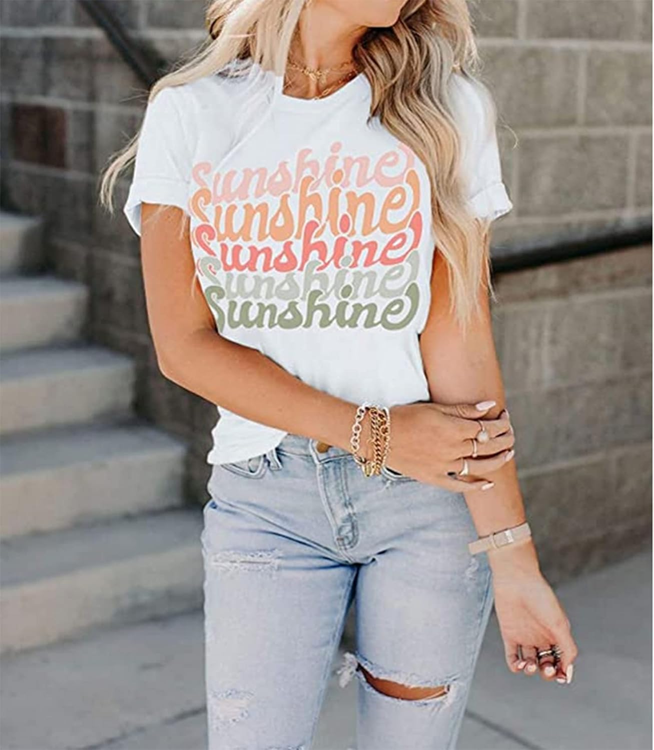 Womens Cute Sunshine Graphic Tees Summer Casual Loose Tops Funny Letters Print T Shirts Short Sleeve Shirts - Image 3
