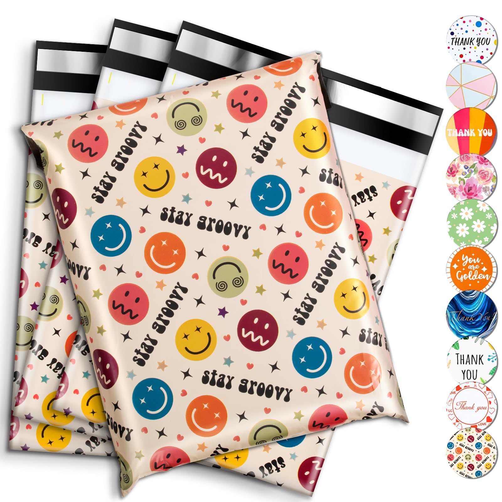 Oududianzi Poly Mailer 10x13 - 25 PCS Shipping Bags for Clothing - Strong, Thick, Self-Adhesive - Cute Packaging for Small Business - Happy Face