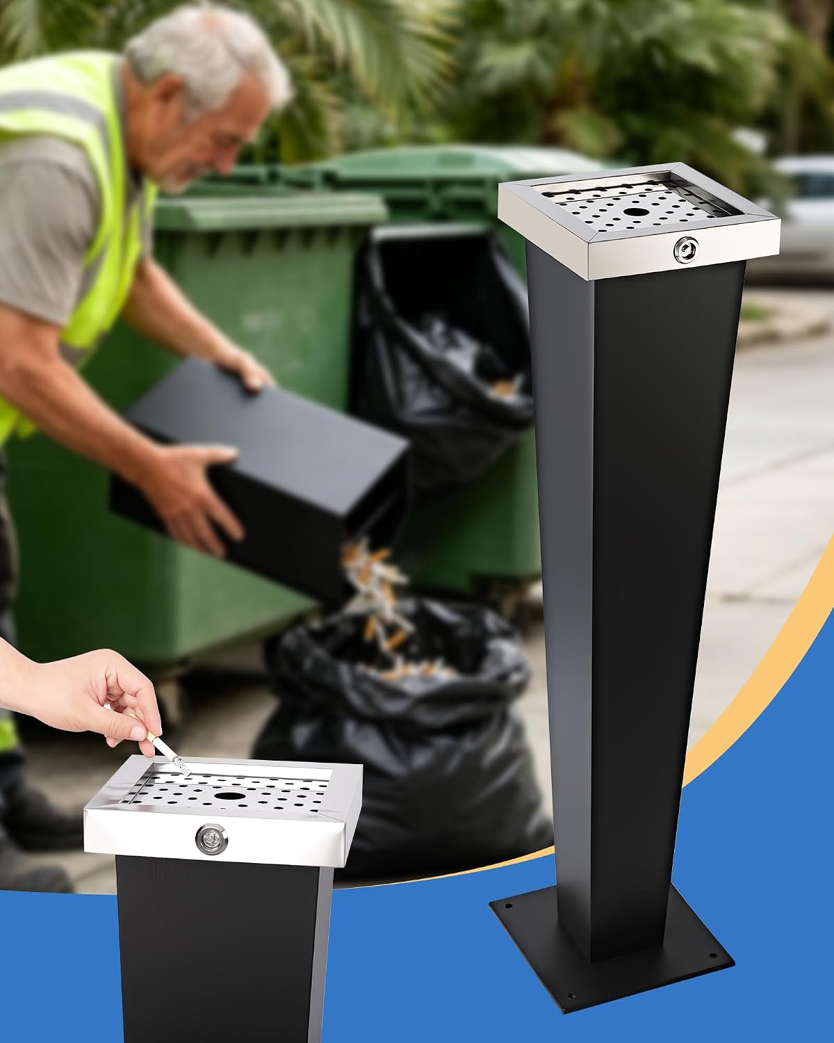 Outdoor Standing Ashtray Lockable Lid, No-Assembly Metal Bin | Large Capacity, Removable Inner Bucket, Lockable Design, Fixable Base, for Office Hotel Patio Backyard Restaurants