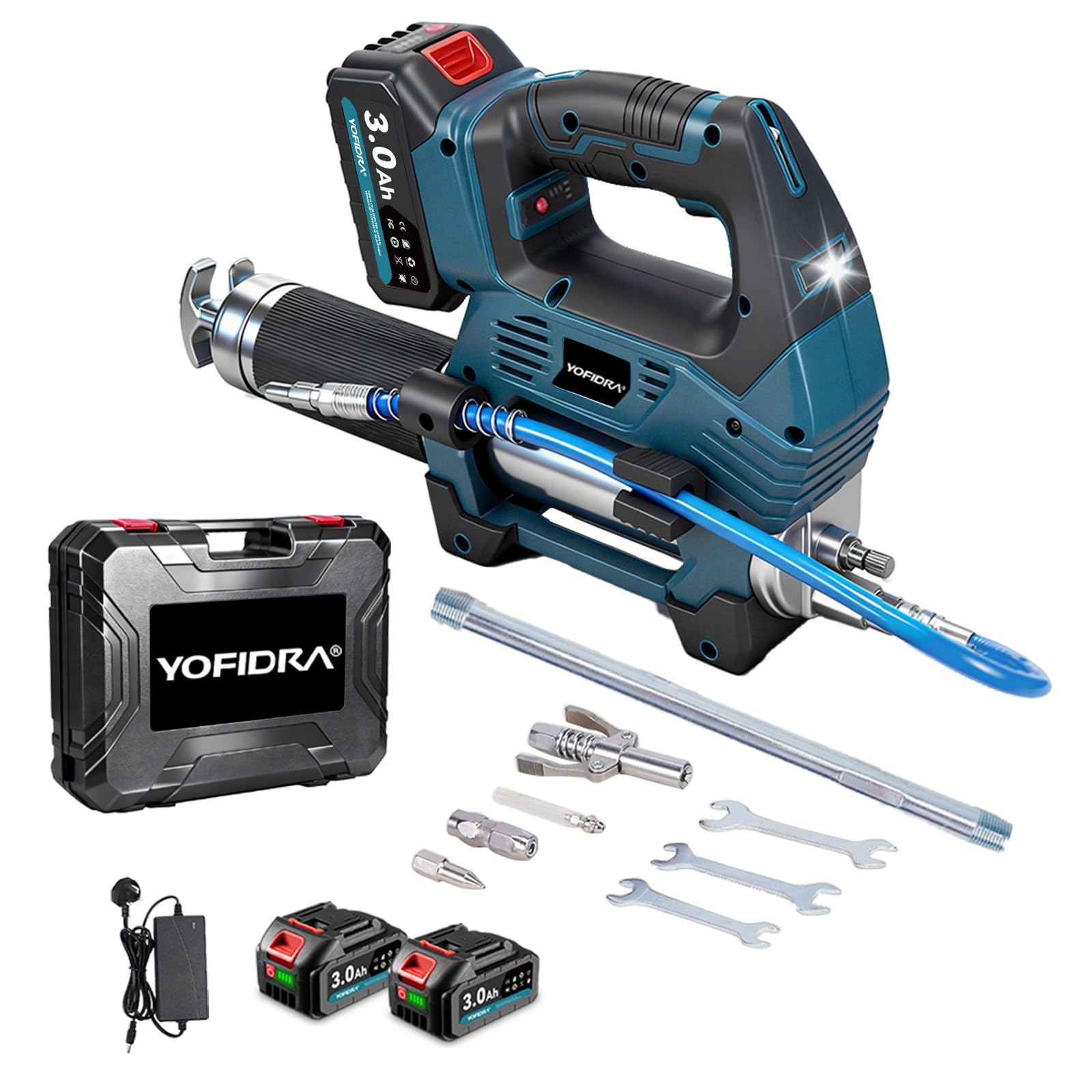 Yofidra Electric Grease Gun, 12000PSI, 6 oz/min Flow, Cordless Grease Gun with 2×3000 mAh Batteries and Charger, Efficient for Truck, Construction, Farm