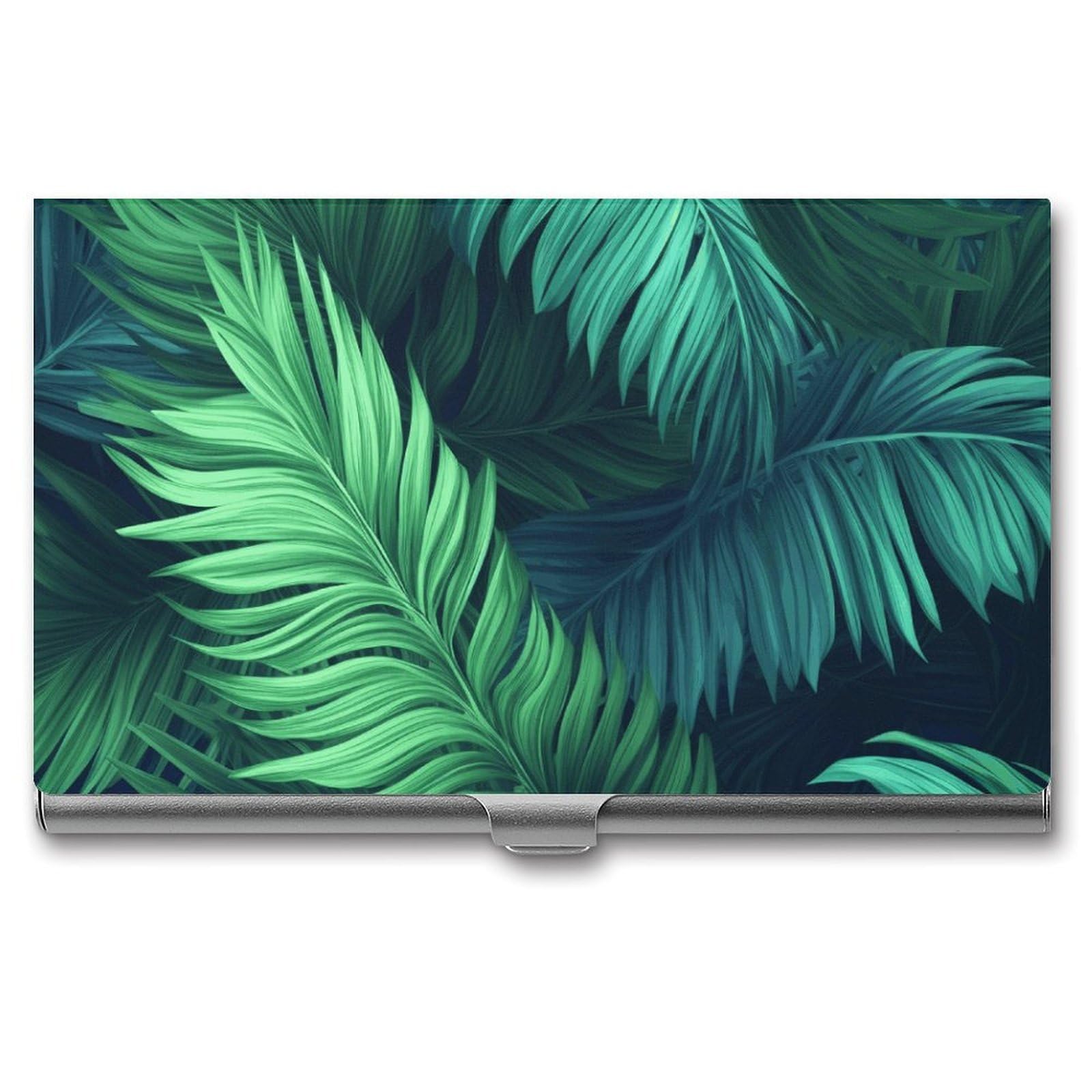 BTCOWZRV Tropical Palm Leaves Business Card Holder Metal Slim Business Card Case, Pocket Card Holder for Men Women Purse Name Card Holder Stainless Steel Wallet Credit ID Case for Office