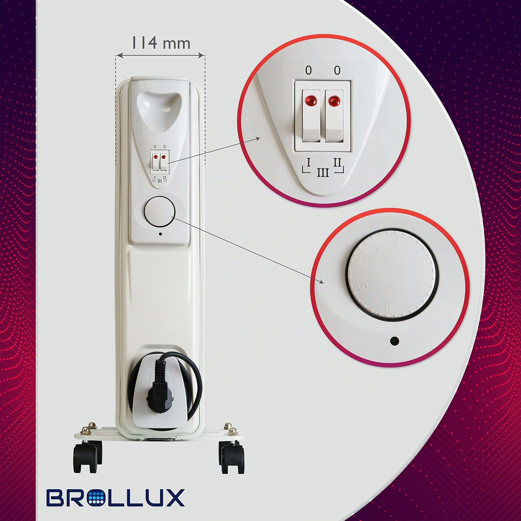 Brollux Riscaldamento a olio elettrico 2000 W OH-09, riscaldamento elettrico a 9 lamelle, termostato, grigio