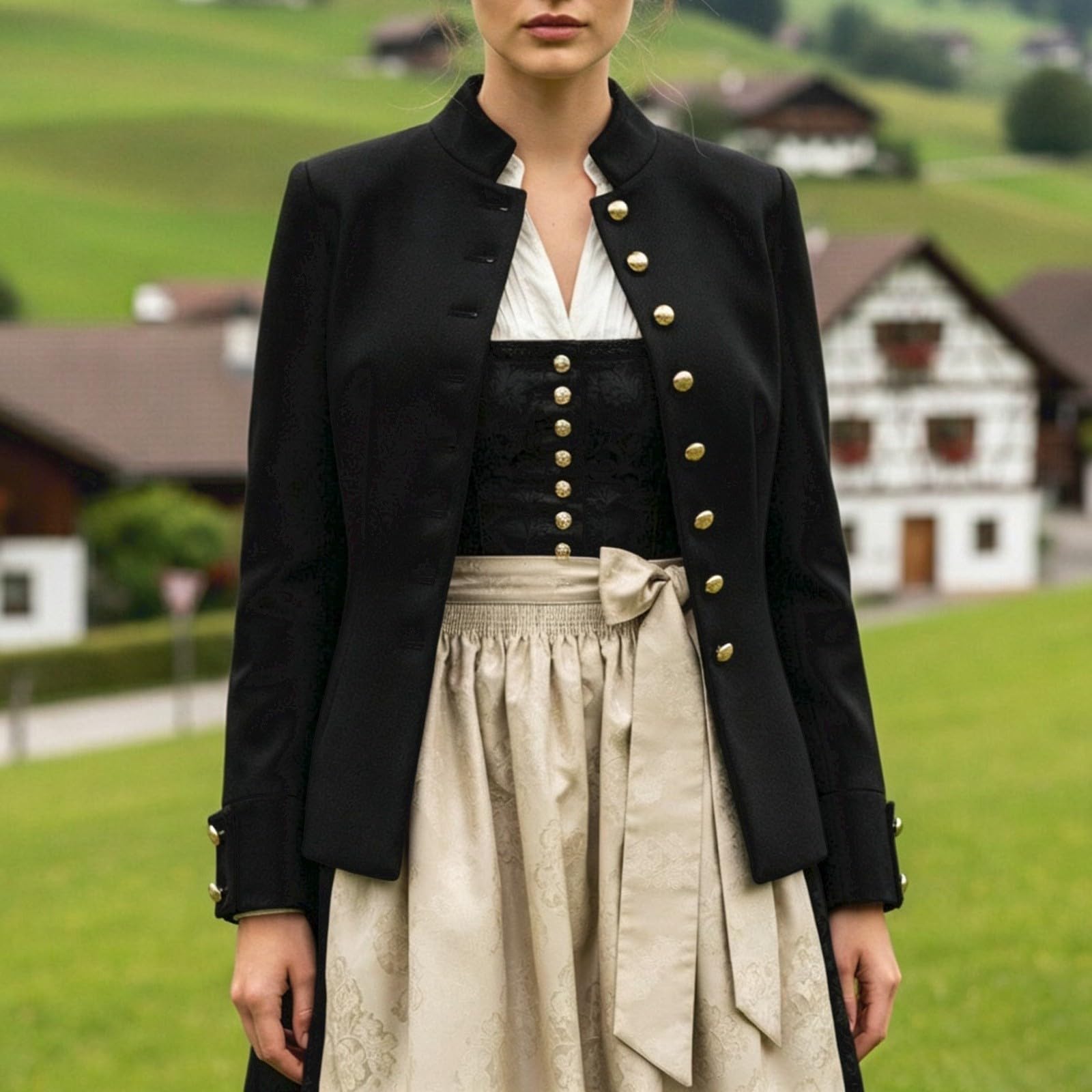 Trachtenjacke Damen Dirndl Jacke Trachtenblazer mit Knöpfen V Ausschnitt Jäckchen Oktoberfest Outfit Casaul Leichte Elegant Kurze Taschen