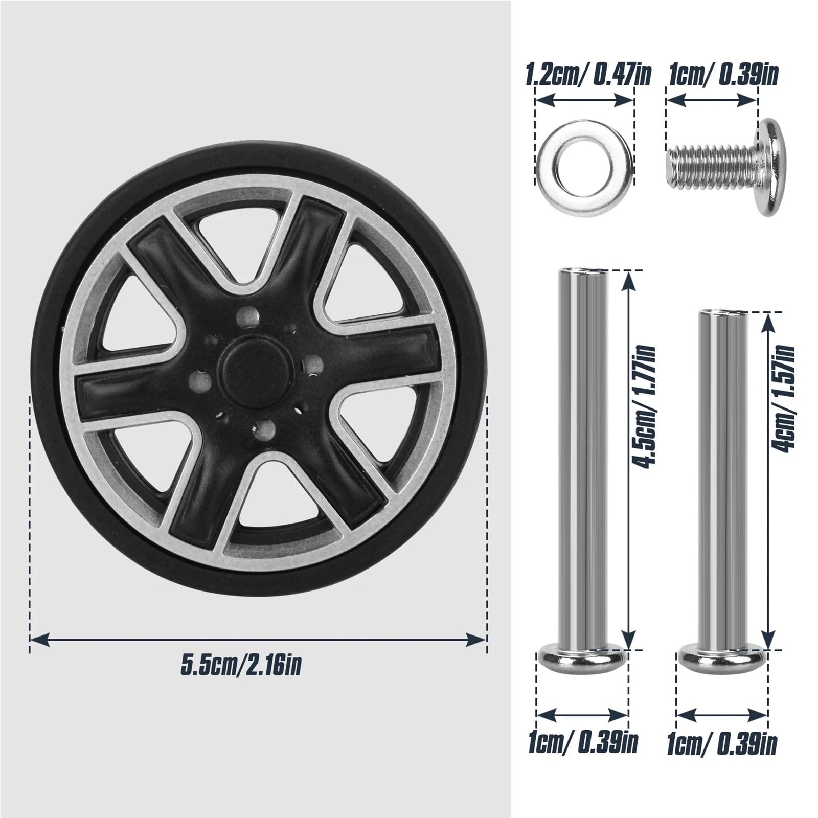 8 pezzi di ricambio for ruote for bagagli nere con vite, for da viaggio, parti for valigie, assi 55 mm, riparazione girevoli Per Valigie